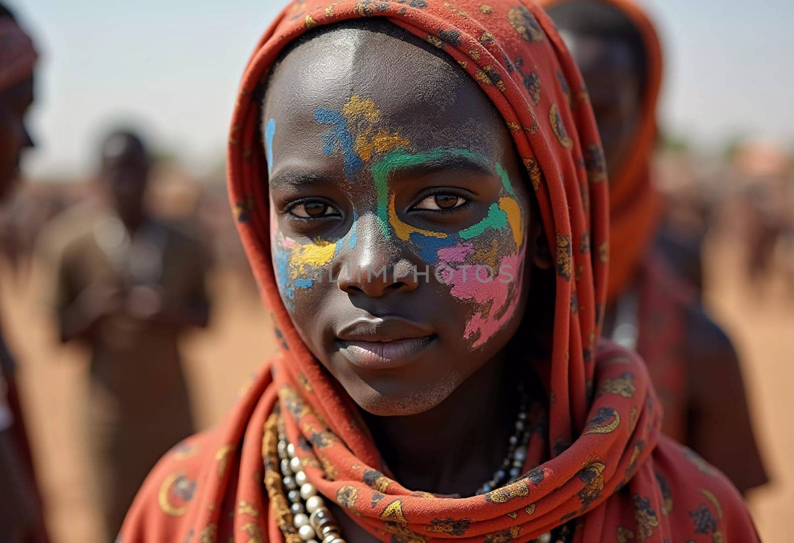 Participants of the Wodaabe Mbororo Guerewol festival display colorful face paint and traditional attire, celebrating cultural heritage in Niger's Sahel region.