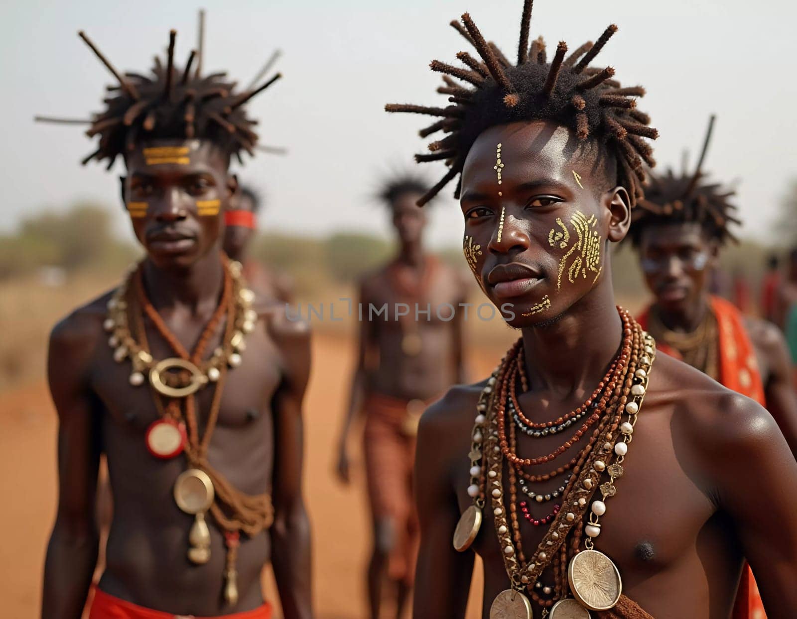 Participants of the Wodaabe Mbororo Guerewol festival showcase their colorful traditional attire and unique dance, celebrating cultural heritage in Niger under a clear sky.