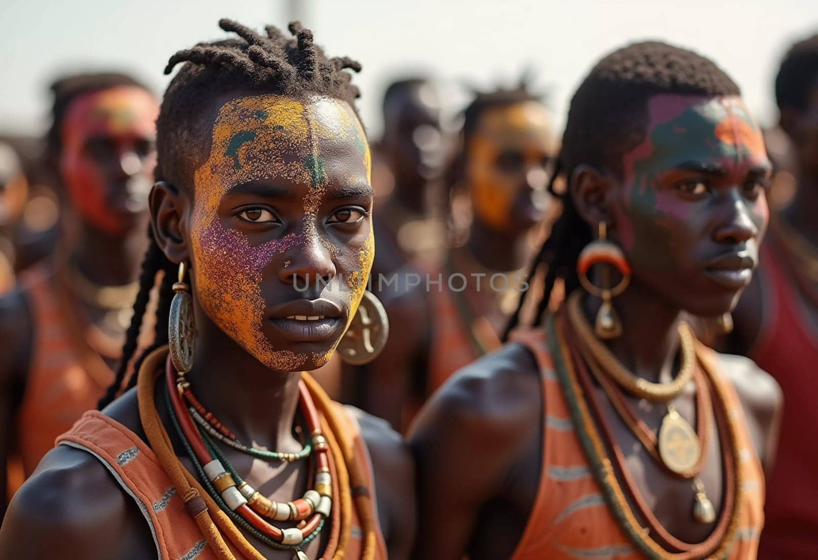 During the Guerewol festival, Mbororo dancers showcase elaborate face painting and traditional attire, celebrating their culture in Niger's stunning landscape.