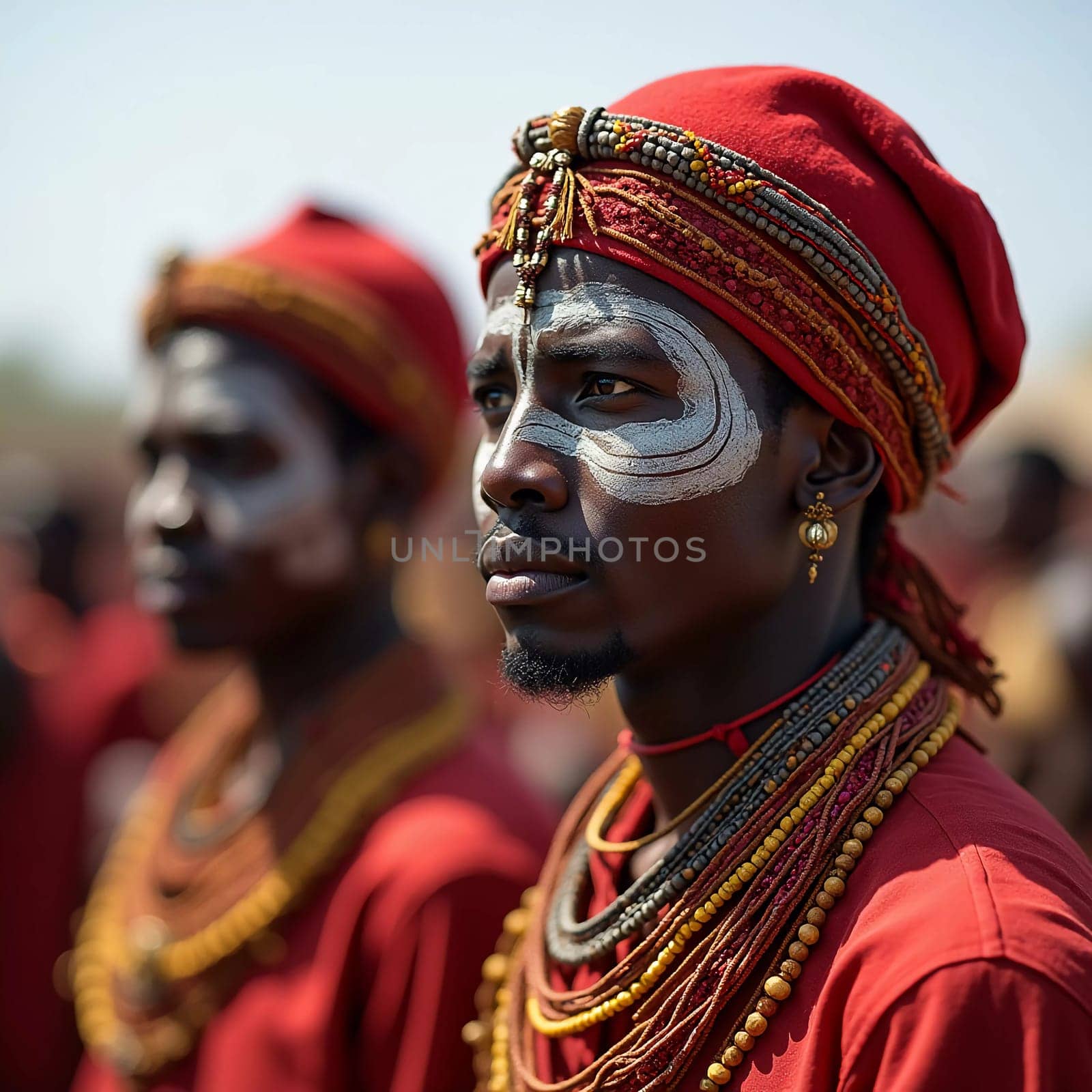 Colorfully dressed participants celebrate the Guerewol festival in Niger, featuring traditional dances, unique attire, and vibrant body paintings.