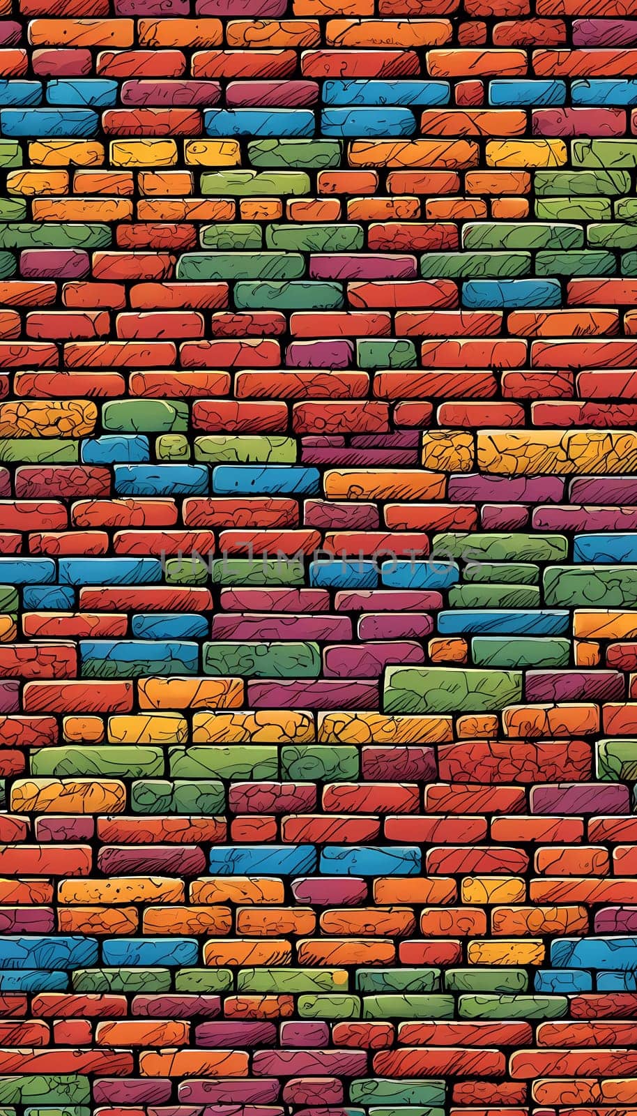 This vibrant brick wall showcases an array of colors including red, yellow, turquoise, and purple. The design reflects an artistic approach often found in urban environments. Generative AI.