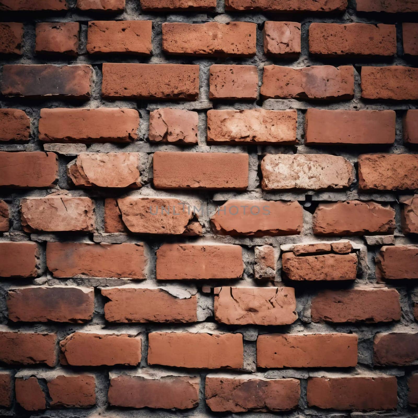 A rugged brick wall displays various shades of red and brown, highlighting its textured surface. The weathered bricks create a warm and inviting atmosphere in any room. Generative AI.