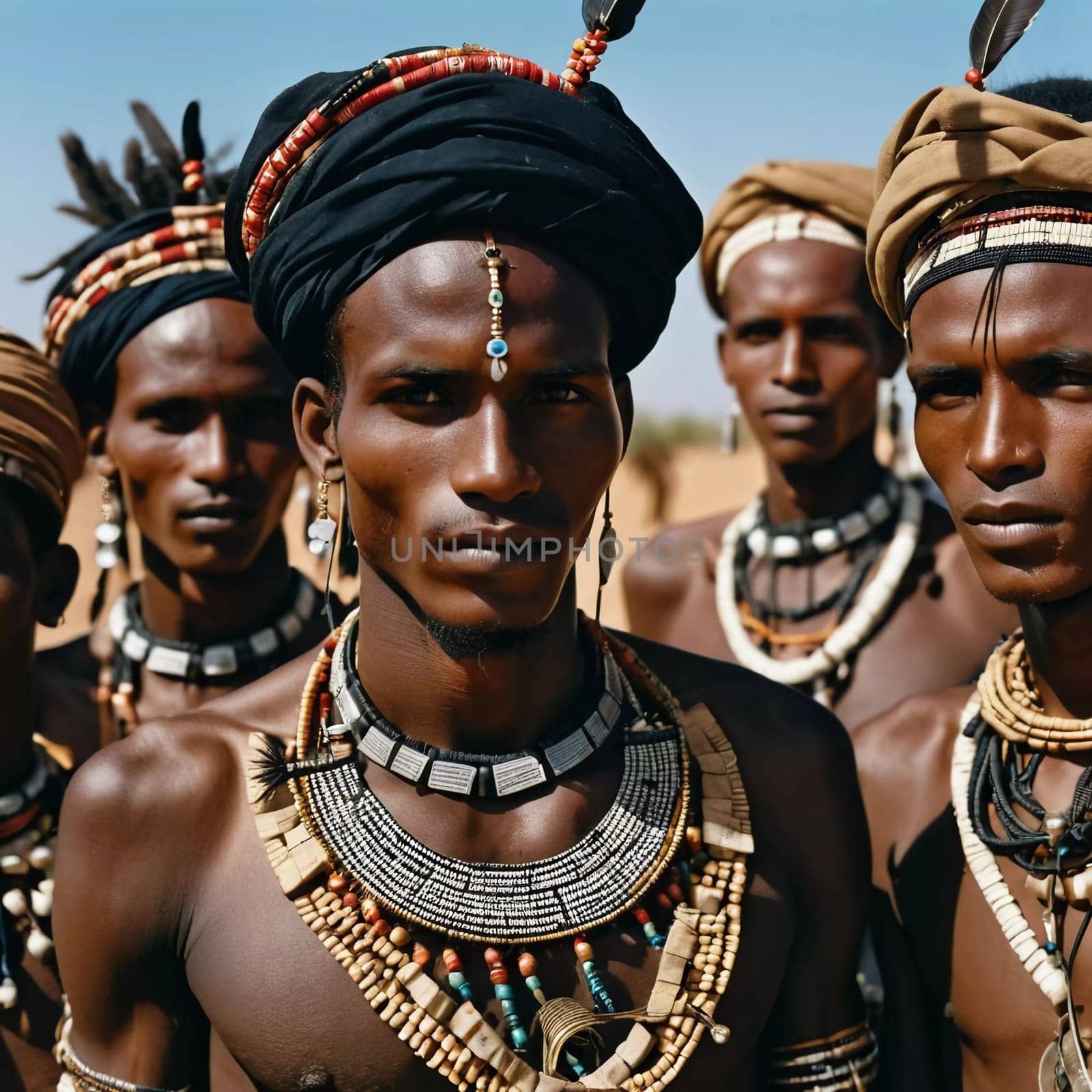 Men from the Wodaabe tribe participate in the Guerewol festival, adorned in colorful jewelry and traditional clothing, celebrating their rich culture in Niger.