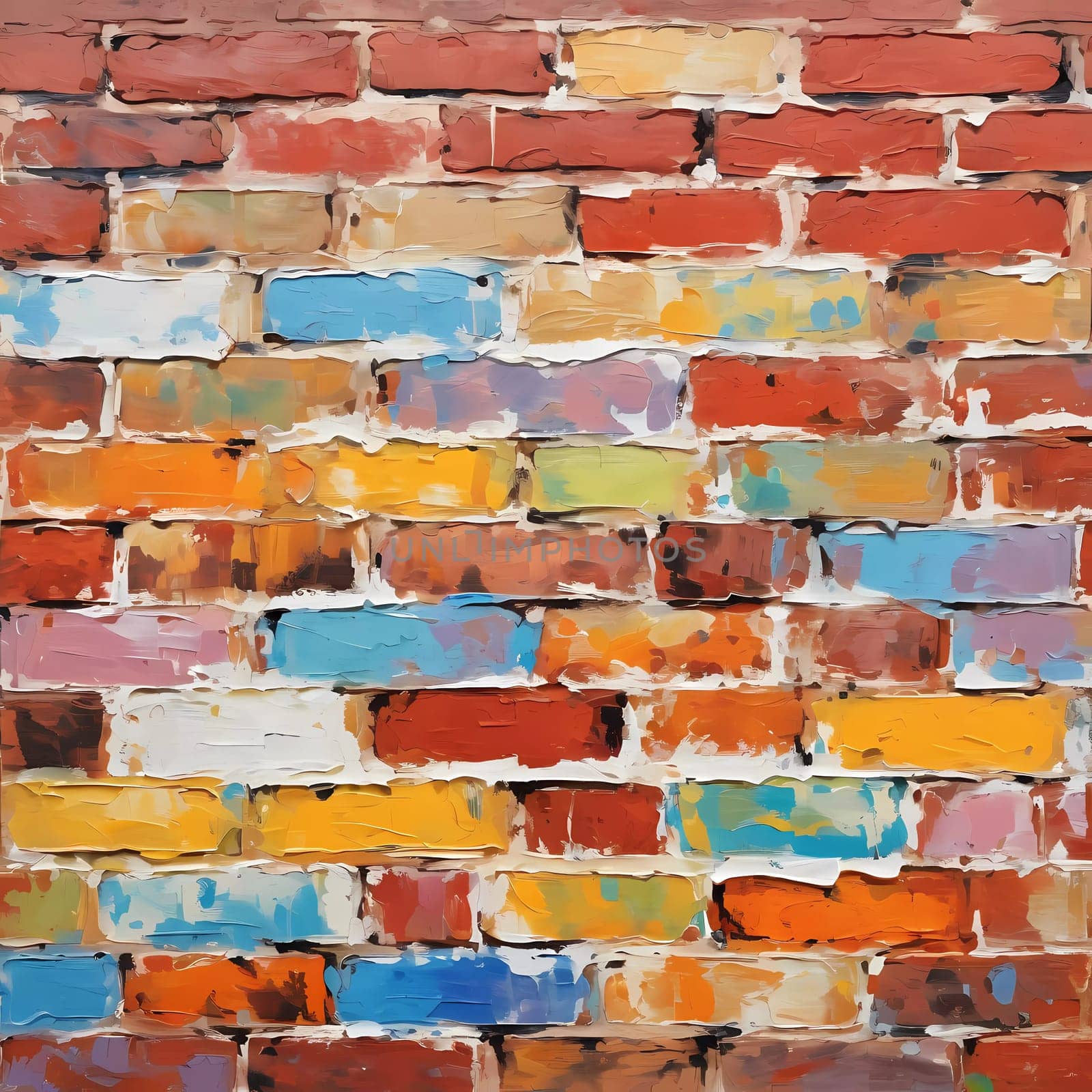 A textured brick wall displays an array of colors, featuring warm reds, oranges, and cool blues, adding vibrancy and depth to a contemporary space. Generative AI.