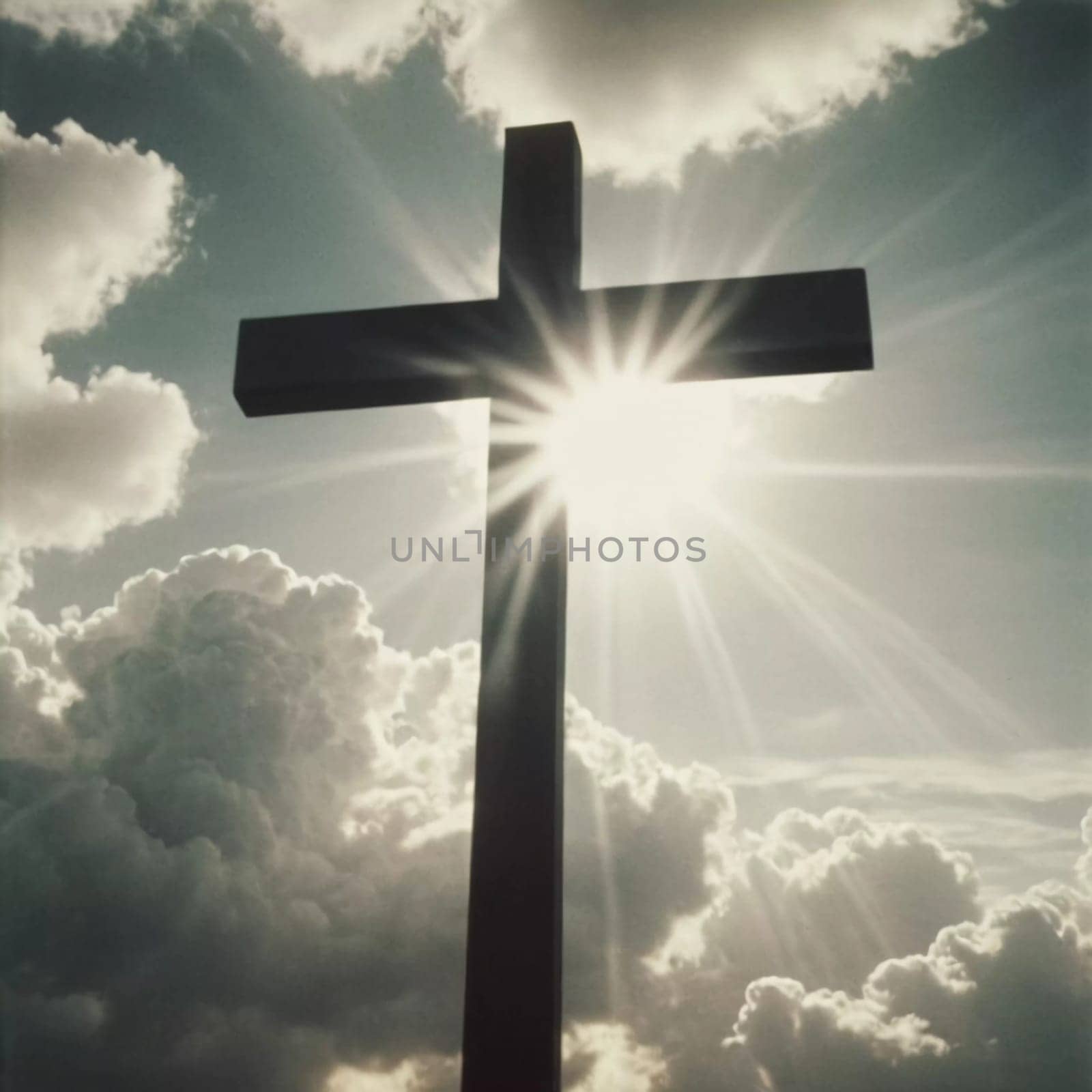 A cross stands prominently as sunlight pierces through thick clouds, creating a radiant display in the sky during the early afternoon. Generative AI.