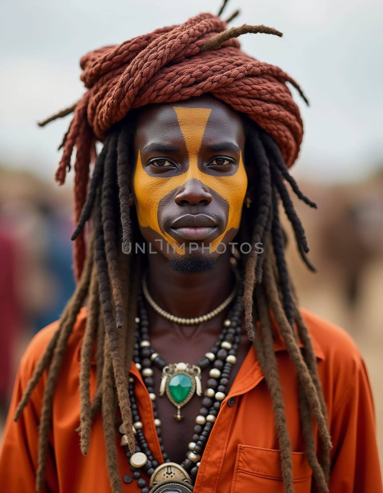 A participant of the Wodaabe Mbororo Guerewol festival stands proudly, wearing traditional attire and intricate body paint, embodying rich cultural heritage in Niger.