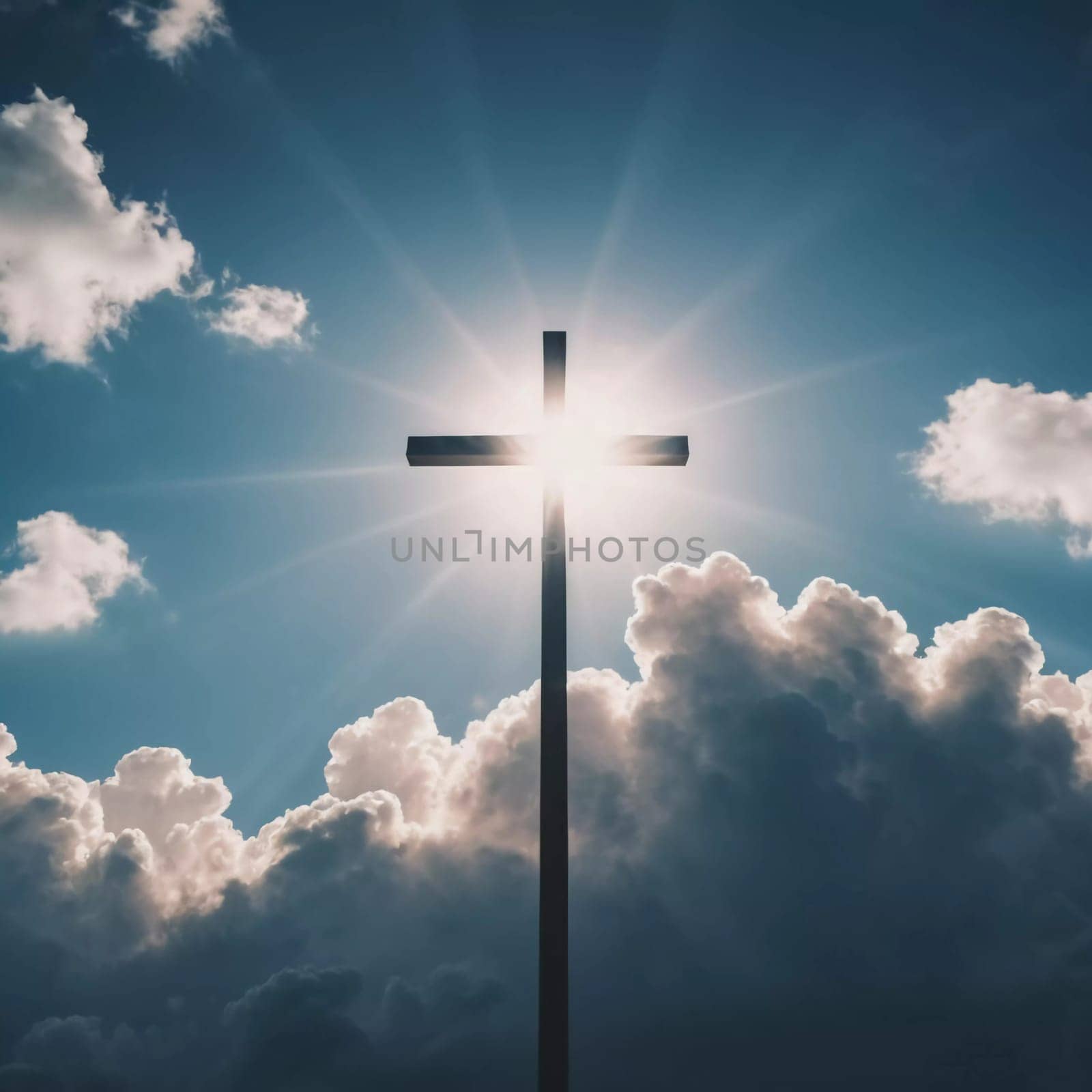 A cross stands prominently as sunlight pierces through thick clouds, creating a radiant display in the sky during the early afternoon. Generative AI.