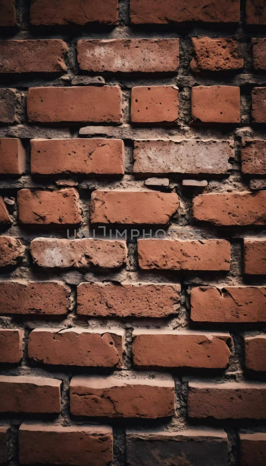 A rugged brick wall displays various shades of red and brown, highlighting its textured surface. The weathered bricks create a warm and inviting atmosphere in any room. Generative AI.
