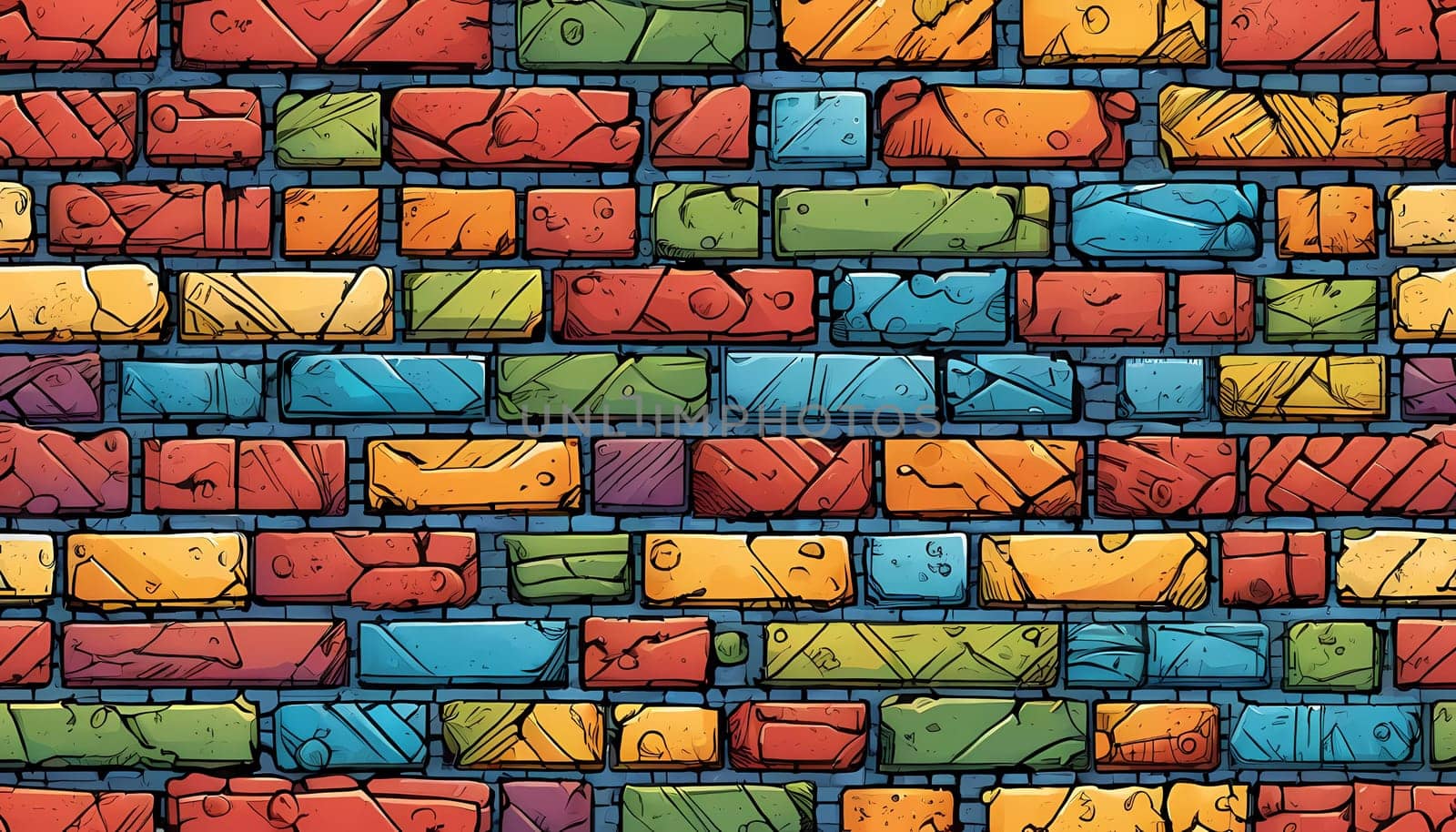 This vibrant brick wall showcases an array of colors including red, yellow, turquoise, and purple. The design reflects an artistic approach often found in urban environments. Generative AI.