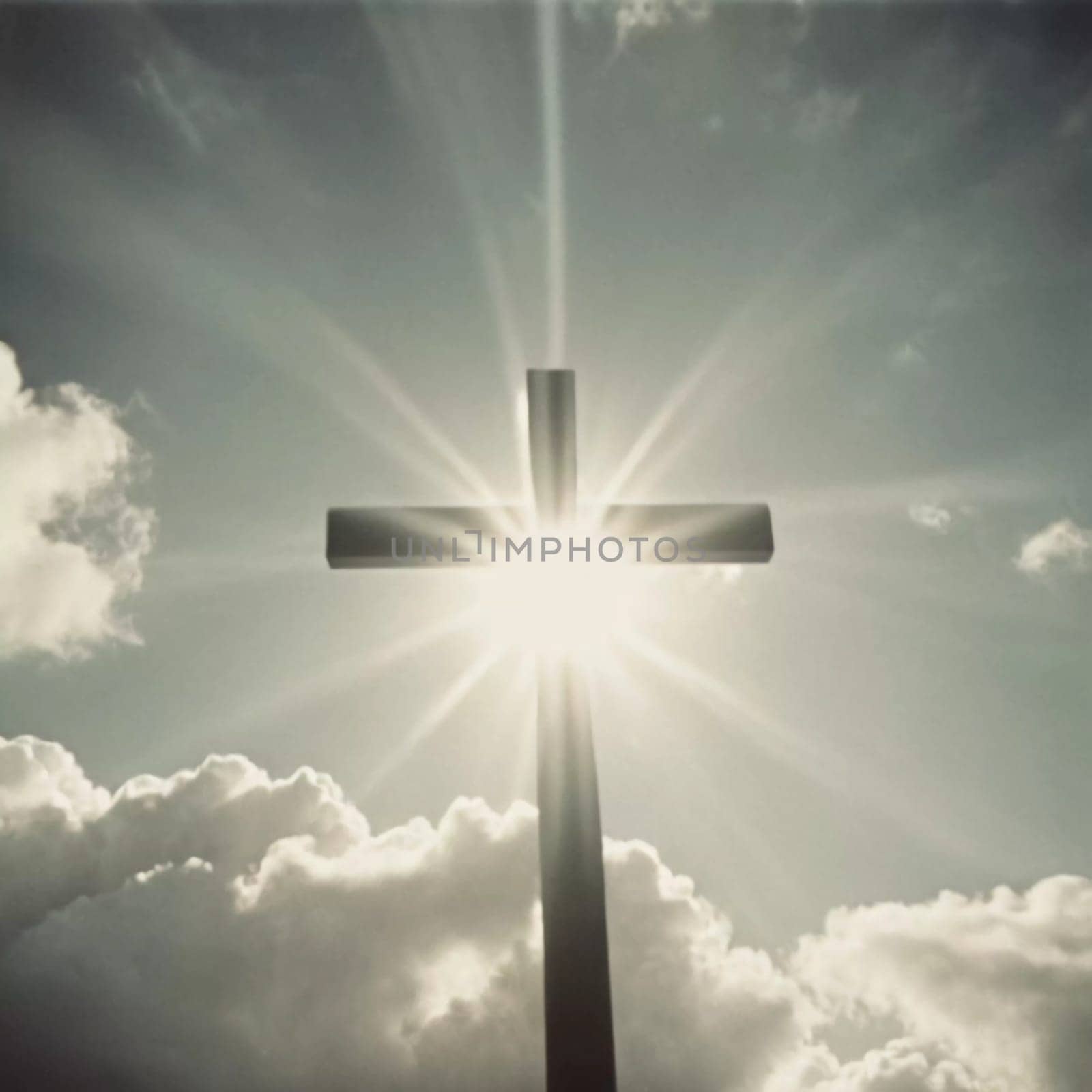 A cross stands prominently as sunlight pierces through thick clouds, creating a radiant display in the sky during the early afternoon. Generative AI.