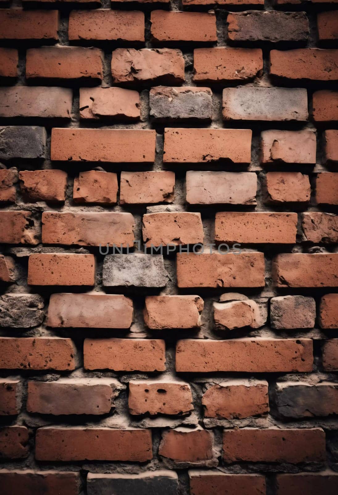 A rugged brick wall displays various shades of red and brown, highlighting its textured surface. The weathered bricks create a warm and inviting atmosphere in any room. Generative AI.