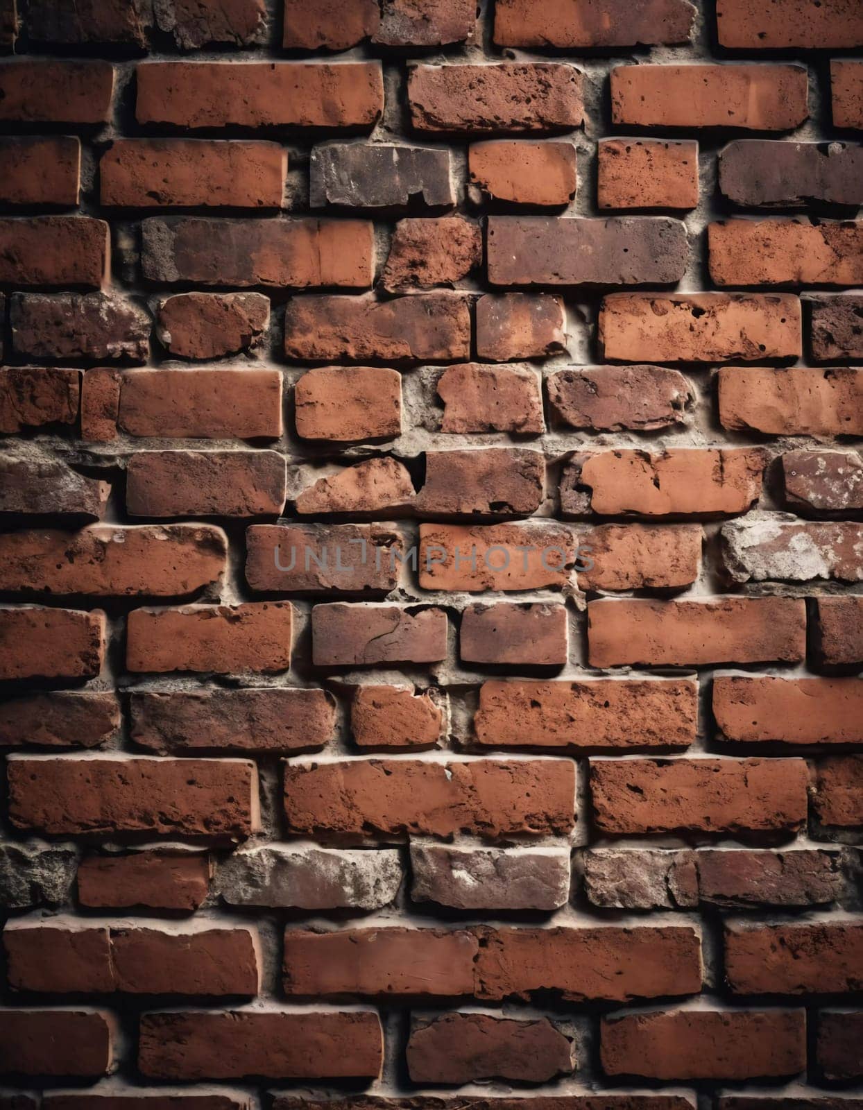A rugged brick wall displays various shades of red and brown, highlighting its textured surface. The weathered bricks create a warm and inviting atmosphere in any room. Generative AI.