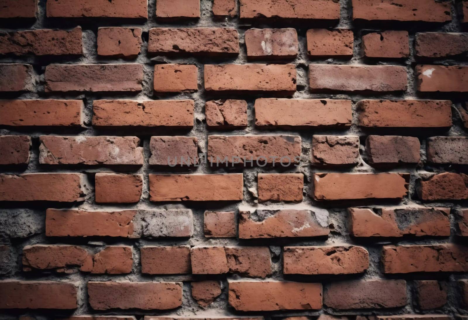 A rugged brick wall displays various shades of red and brown, highlighting its textured surface. The weathered bricks create a warm and inviting atmosphere in any room. Generative AI.