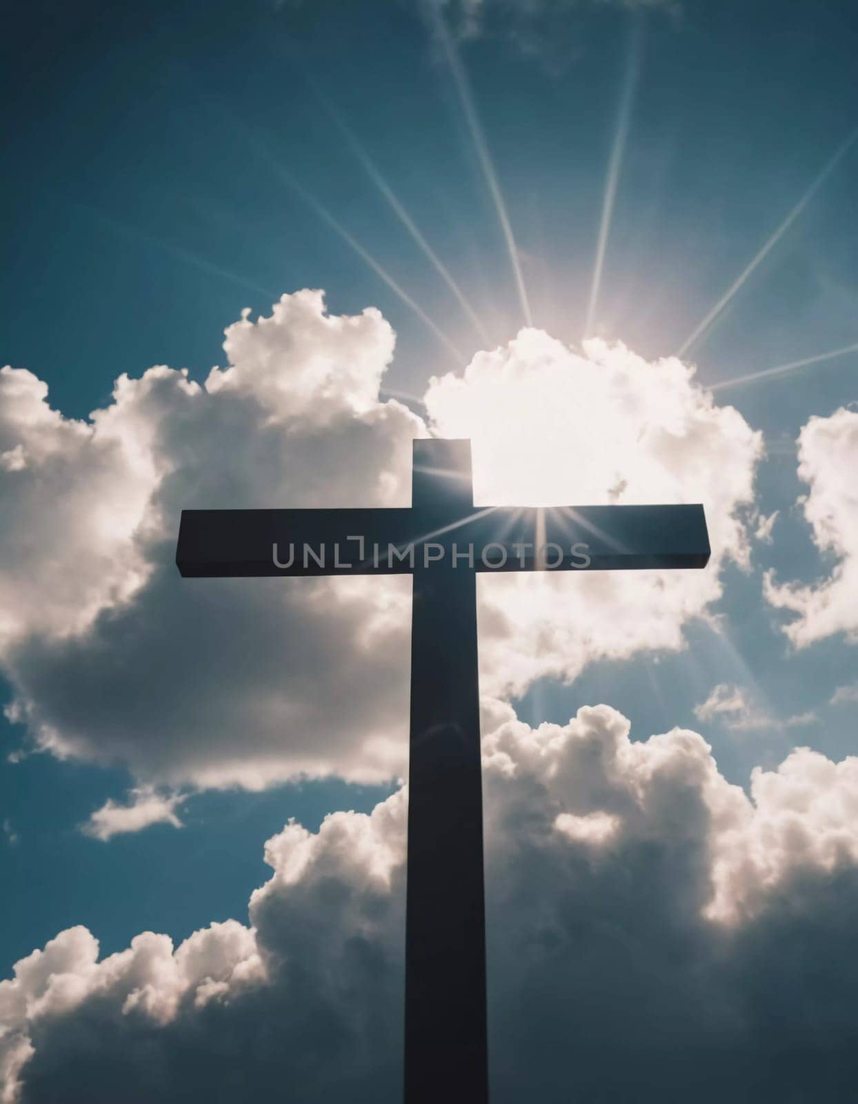 A cross stands prominently as sunlight pierces through thick clouds, creating a radiant display in the sky during the early afternoon. Generative AI.