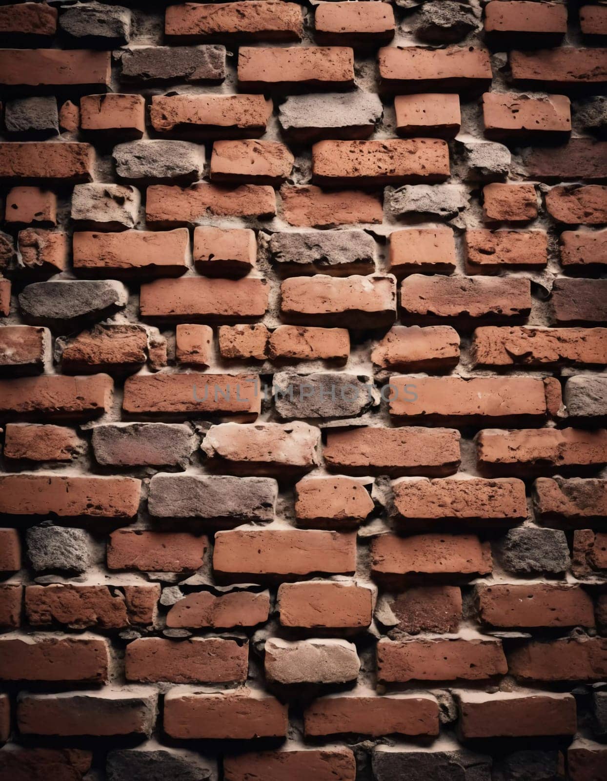 A rugged brick wall displays various shades of red and brown, highlighting its textured surface. The weathered bricks create a warm and inviting atmosphere in any room. Generative AI.