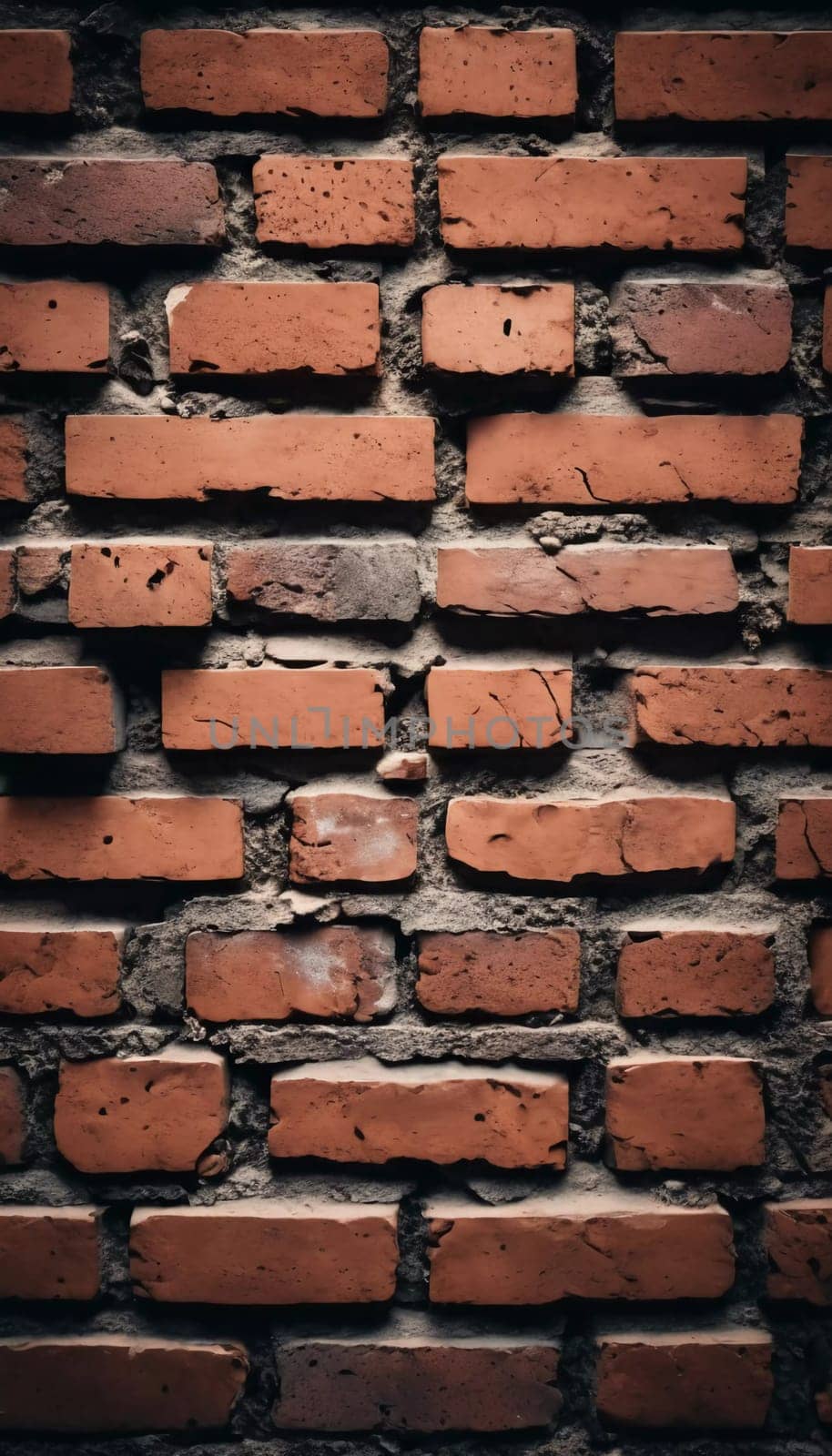 A rugged brick wall displays various shades of red and brown, highlighting its textured surface. The weathered bricks create a warm and inviting atmosphere in any room. Generative AI.