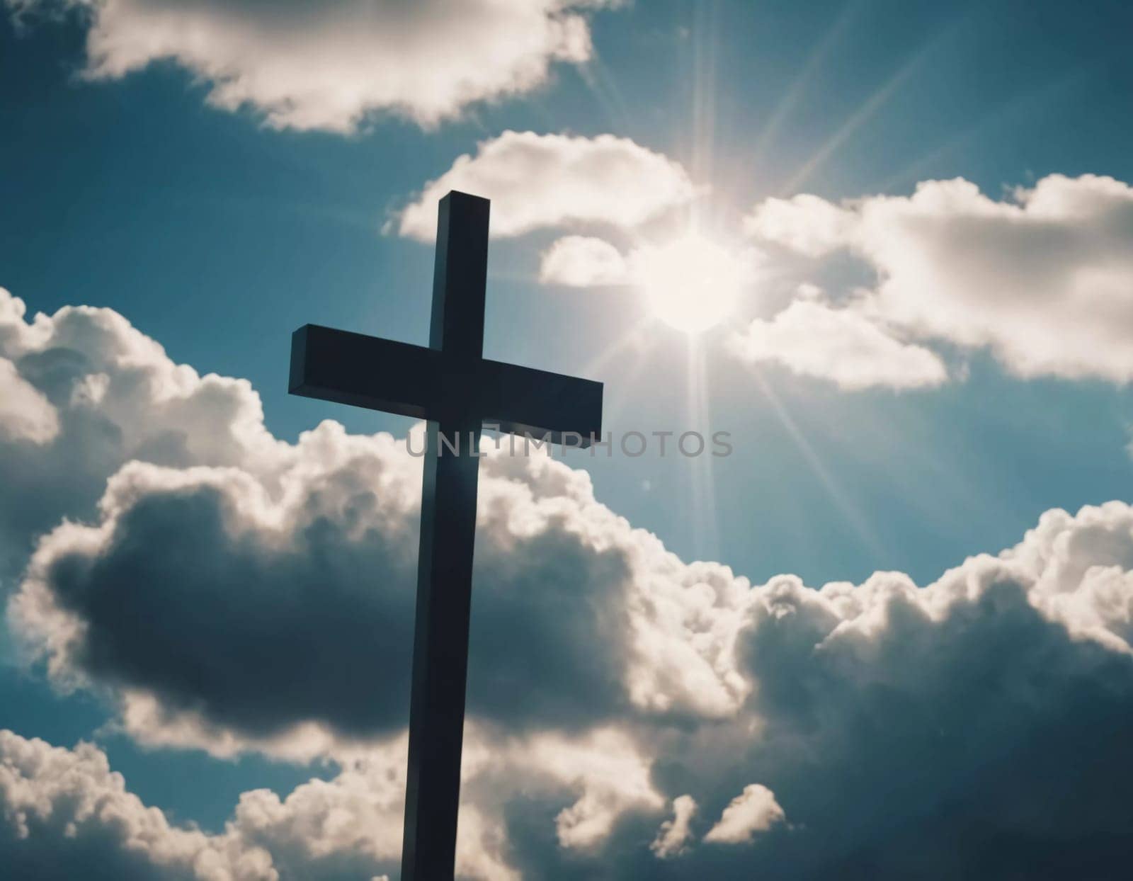 A cross stands prominently as sunlight pierces through thick clouds, creating a radiant display in the sky during the early afternoon. Generative AI.