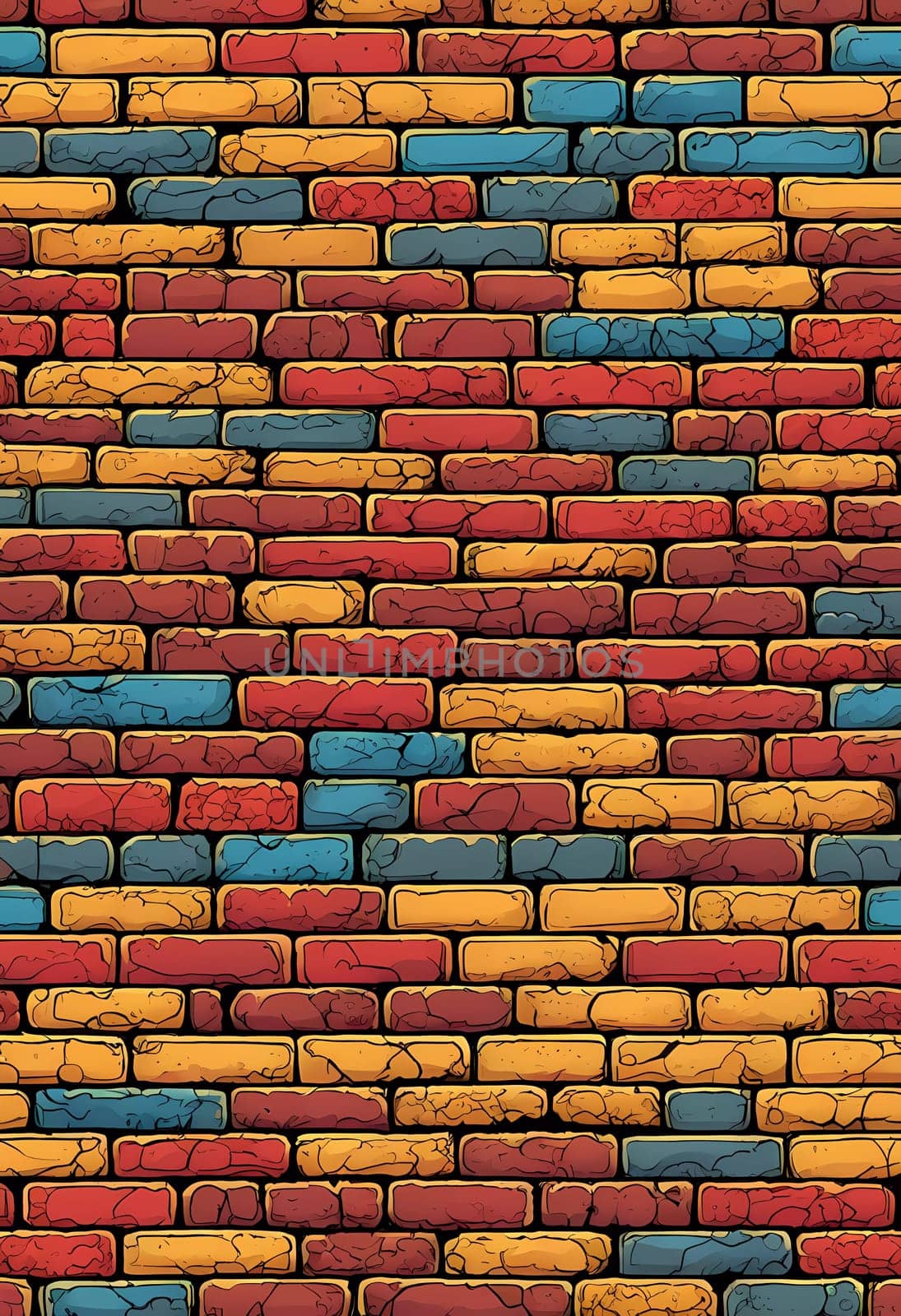 This vibrant brick wall showcases an array of colors including red, yellow, turquoise, and purple. The design reflects an artistic approach often found in urban environments. Generative AI.