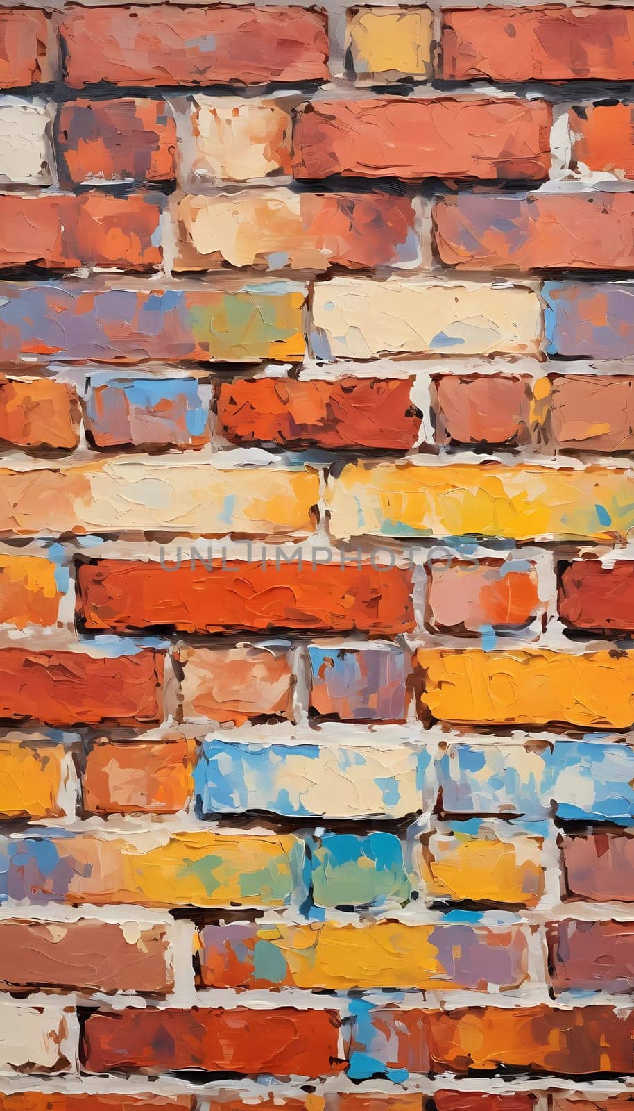 A textured brick wall displays an array of colors, featuring warm reds, oranges, and cool blues, adding vibrancy and depth to a contemporary space. Generative AI.