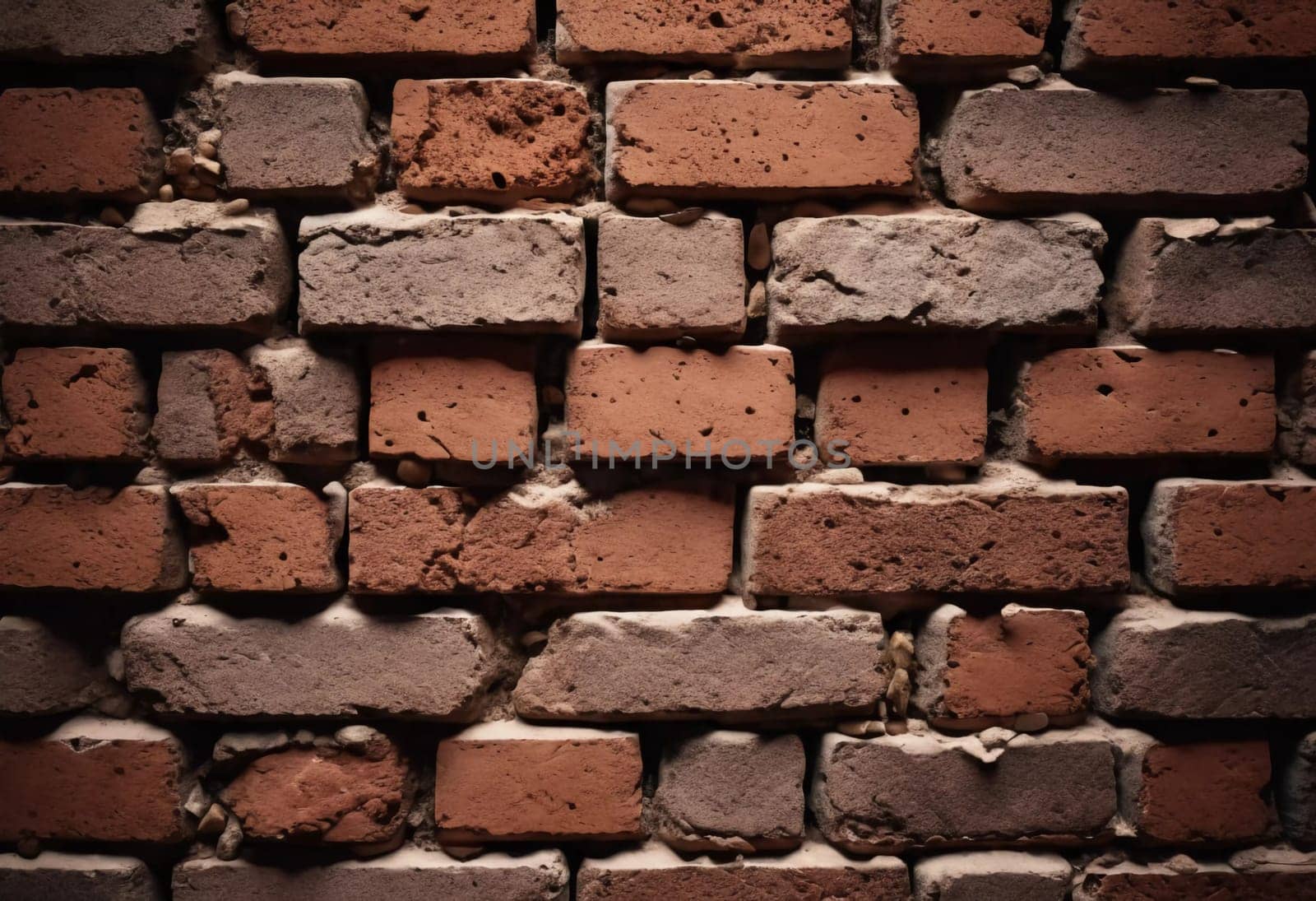 A rugged brick wall displays various shades of red and brown, highlighting its textured surface. The weathered bricks create a warm and inviting atmosphere in any room. Generative AI.