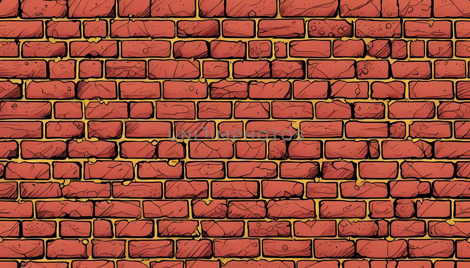 Textured red brick wall displays uneven surfaces, faded areas, and visible cracks, showcasing its age and charm in a quaint urban environment. Generative AI.