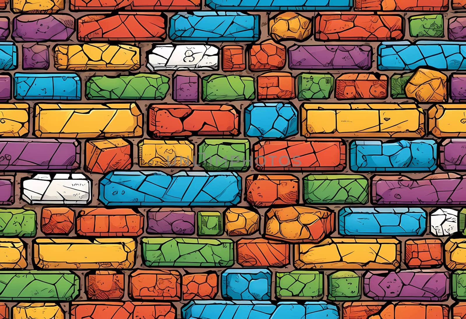 This vibrant brick wall showcases an array of colors including red, yellow, turquoise, and purple. The design reflects an artistic approach often found in urban environments. Generative AI.