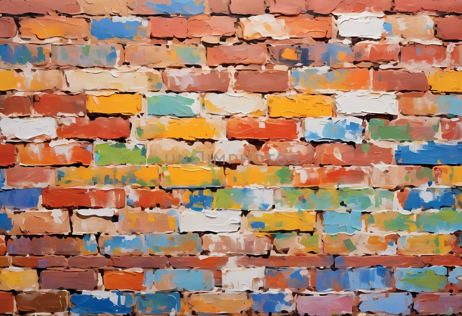 A textured brick wall displays an array of colors, featuring warm reds, oranges, and cool blues, adding vibrancy and depth to a contemporary space. Generative AI.