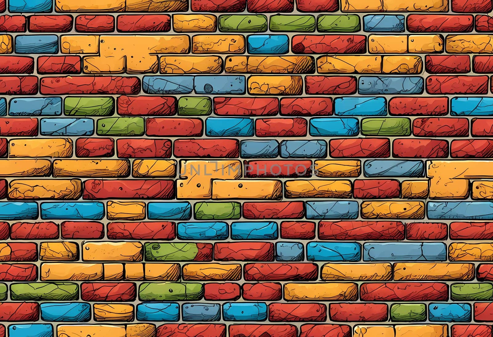 This vibrant brick wall showcases an array of colors including red, yellow, turquoise, and purple. The design reflects an artistic approach often found in urban environments. Generative AI.