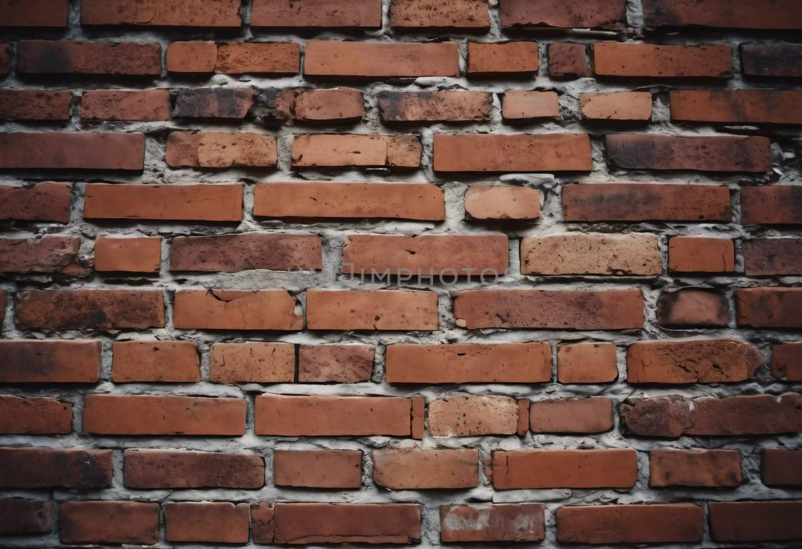 A rugged brick wall displays various shades of red and brown, highlighting its textured surface. The weathered bricks create a warm and inviting atmosphere in any room. Generative AI.
