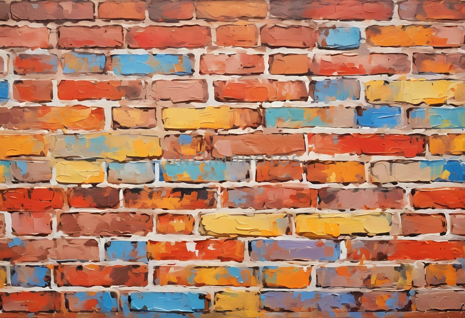 A textured brick wall displays an array of colors, featuring warm reds, oranges, and cool blues, adding vibrancy and depth to a contemporary space. Generative AI.