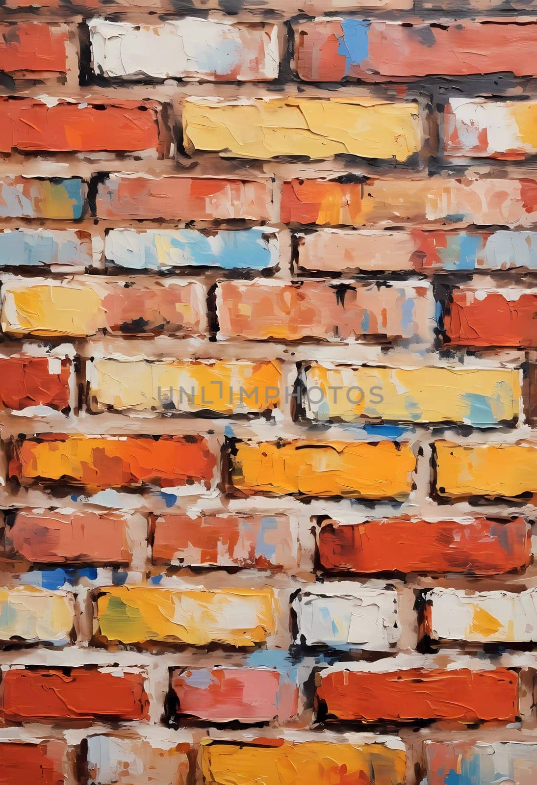 A textured brick wall displays an array of colors, featuring warm reds, oranges, and cool blues, adding vibrancy and depth to a contemporary space. Generative AI.