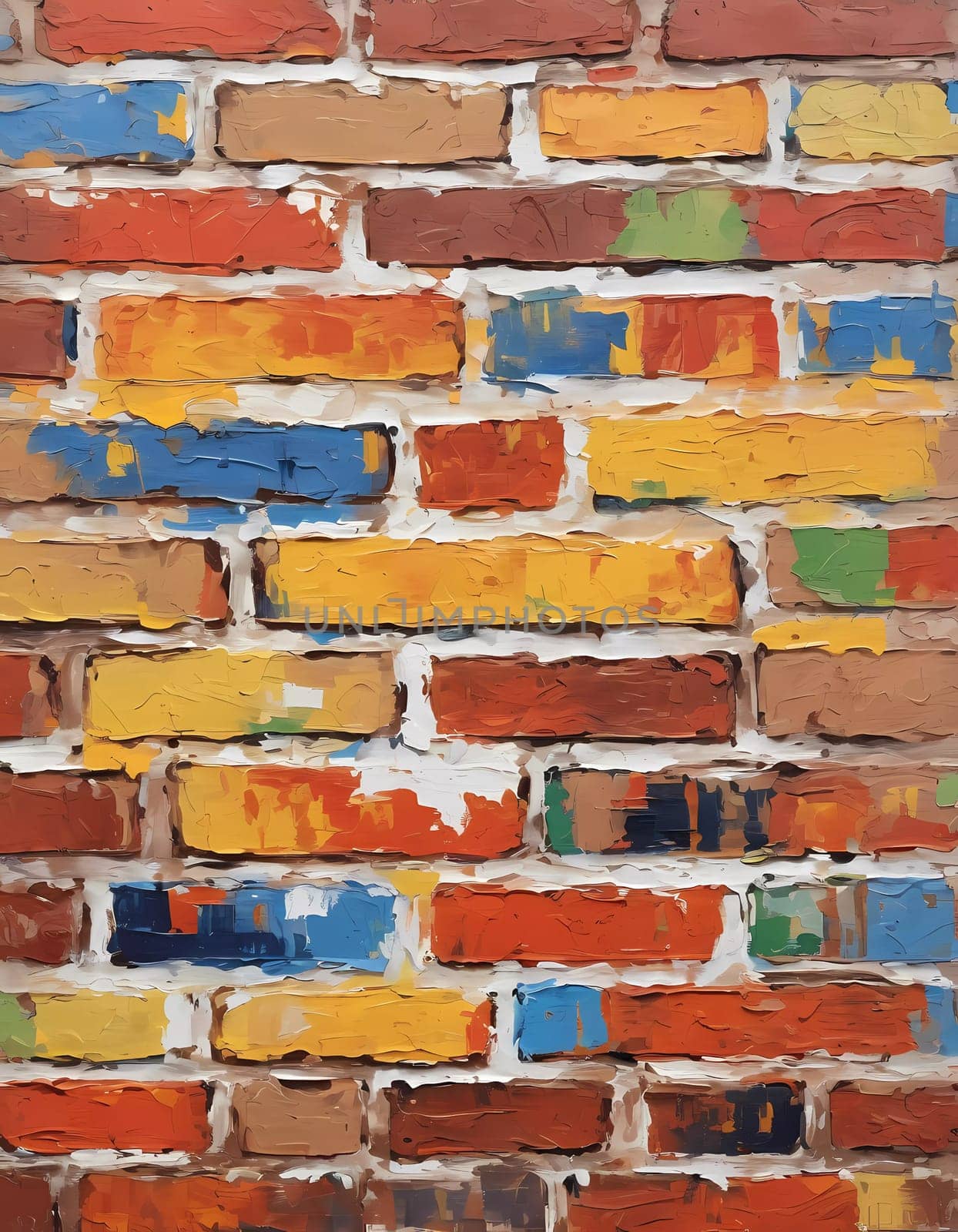 A textured brick wall displays an array of colors, featuring warm reds, oranges, and cool blues, adding vibrancy and depth to a contemporary space. Generative AI.