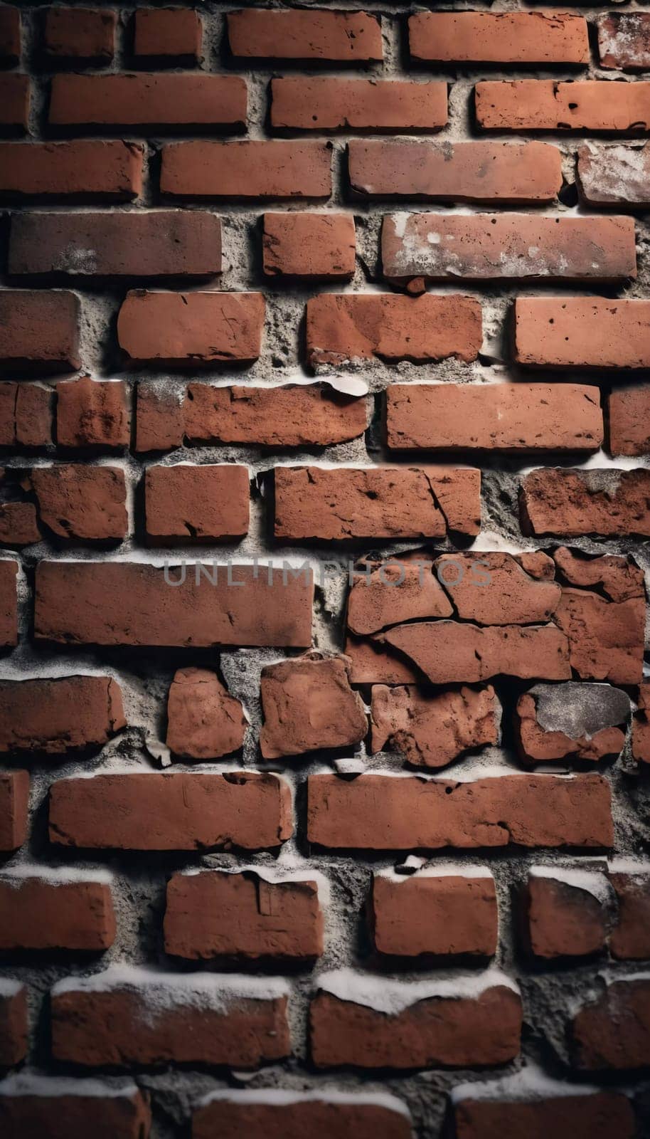 A rugged brick wall displays various shades of red and brown, highlighting its textured surface. The weathered bricks create a warm and inviting atmosphere in any room. Generative AI.