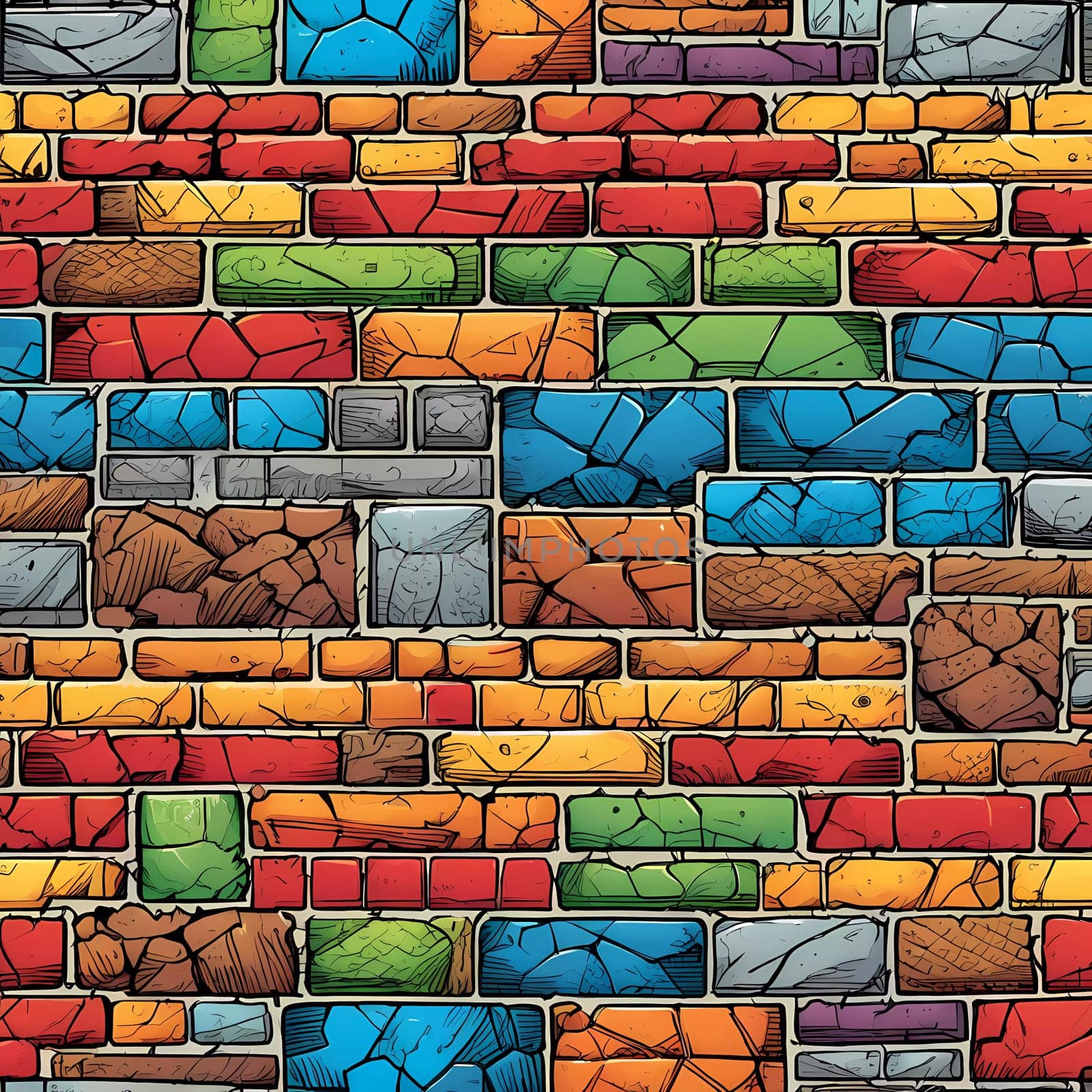 This vibrant brick wall showcases an array of colors including red, yellow, turquoise, and purple. The design reflects an artistic approach often found in urban environments. Generative AI.