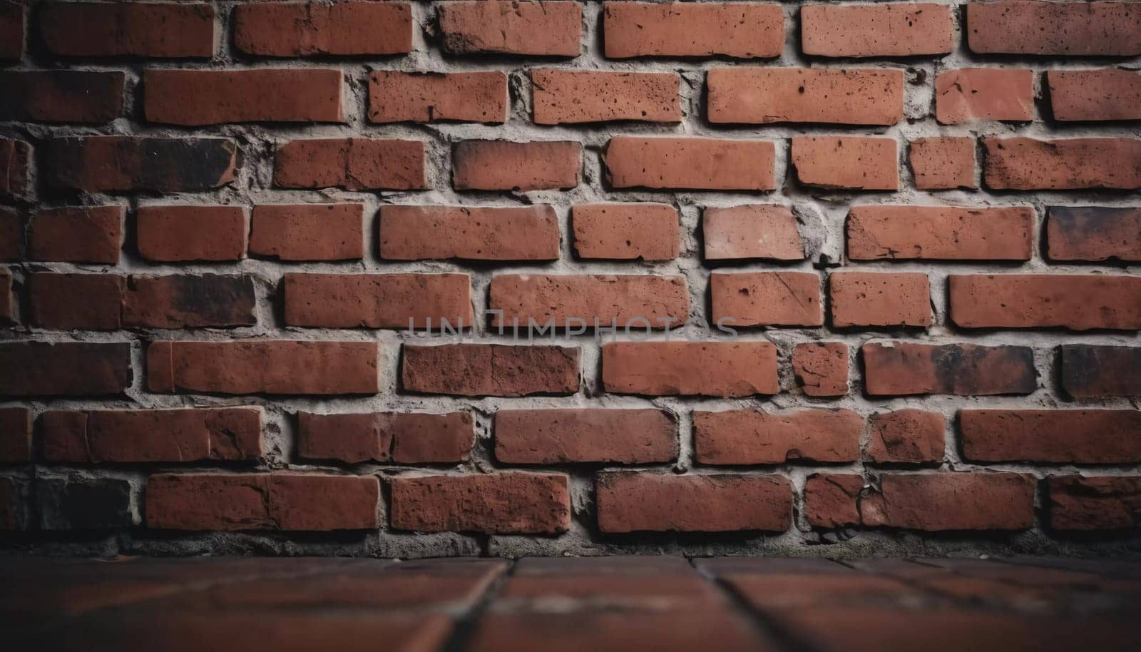 A rugged brick wall displays various shades of red and brown, highlighting its textured surface. The weathered bricks create a warm and inviting atmosphere in any room. Generative AI.