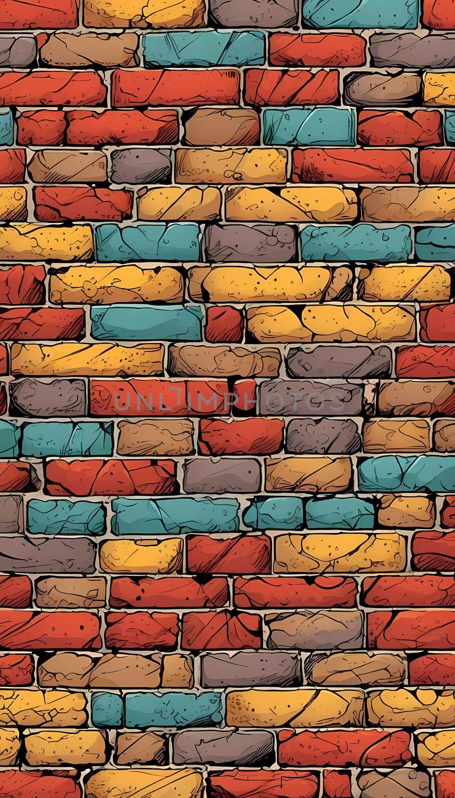 This vibrant brick wall showcases an array of colors including red, yellow, turquoise, and purple. The design reflects an artistic approach often found in urban environments. Generative AI.