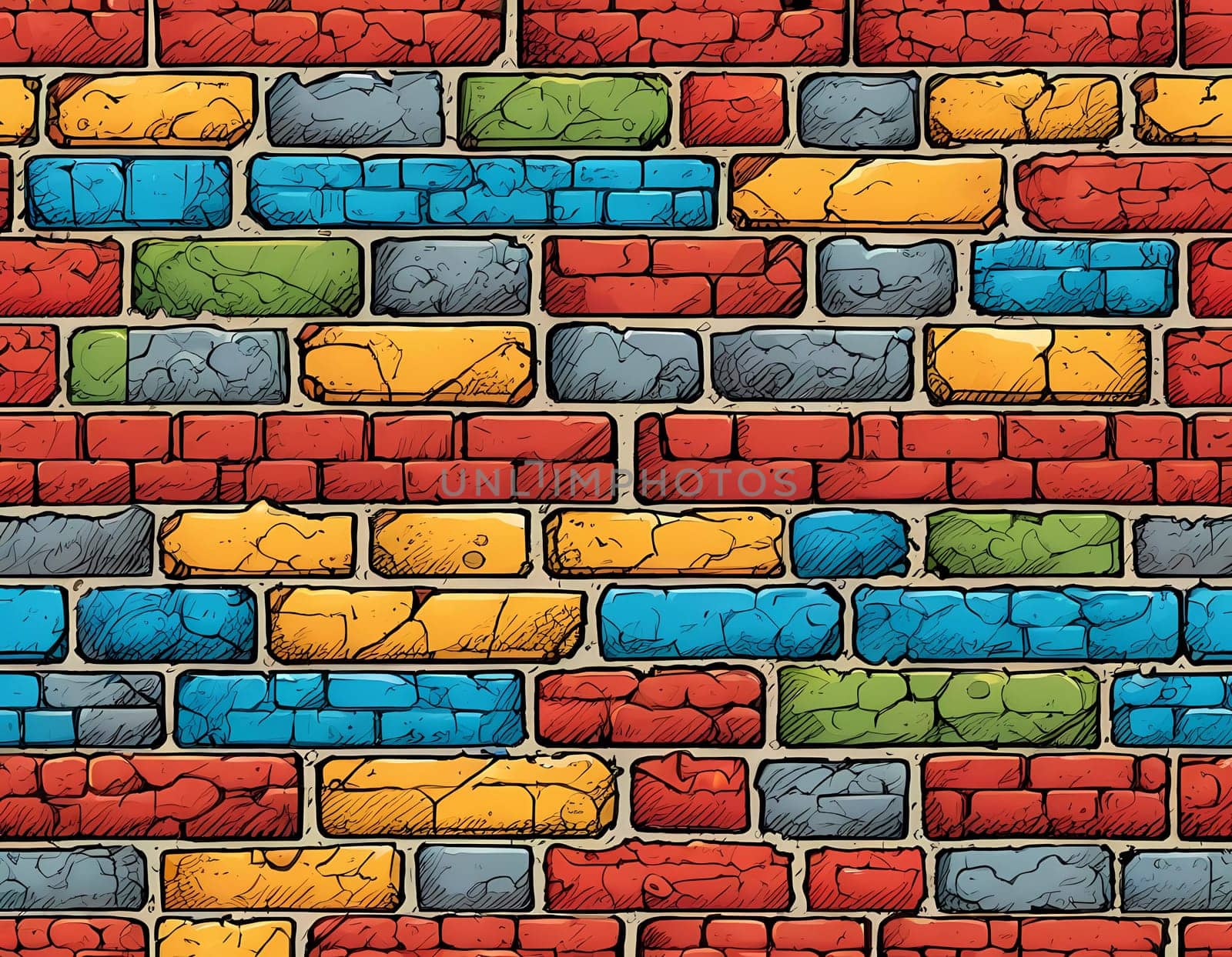 This vibrant brick wall showcases an array of colors including red, yellow, turquoise, and purple. The design reflects an artistic approach often found in urban environments. Generative AI.