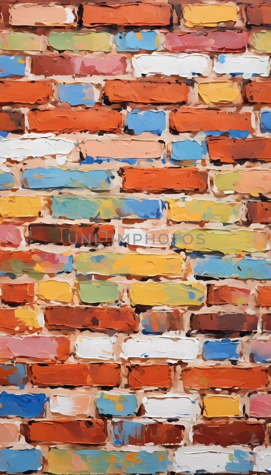 A textured brick wall displays an array of colors, featuring warm reds, oranges, and cool blues, adding vibrancy and depth to a contemporary space. Generative AI.