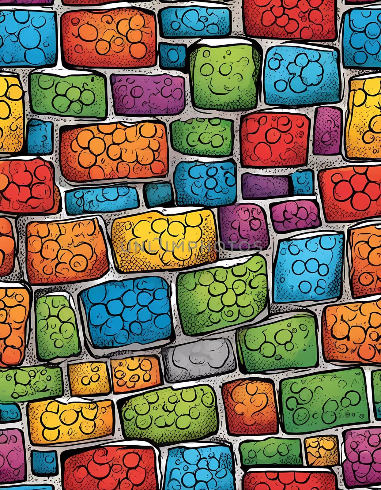 This vibrant brick wall showcases an array of colors including red, yellow, turquoise, and purple. The design reflects an artistic approach often found in urban environments. Generative AI.