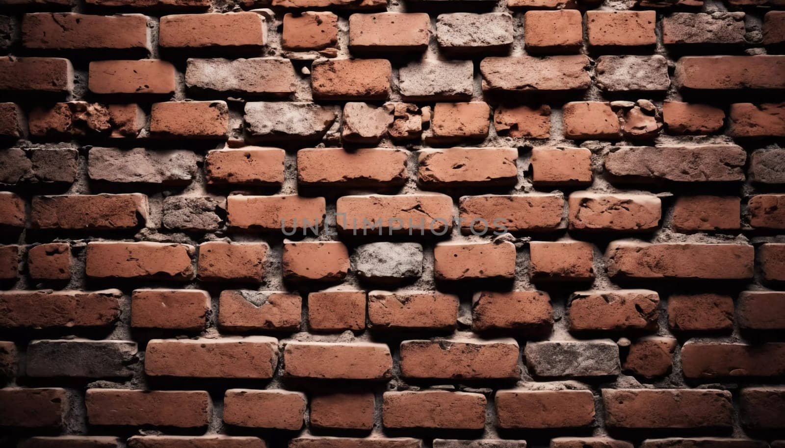 A rugged brick wall displays various shades of red and brown, highlighting its textured surface. The weathered bricks create a warm and inviting atmosphere in any room. Generative AI.