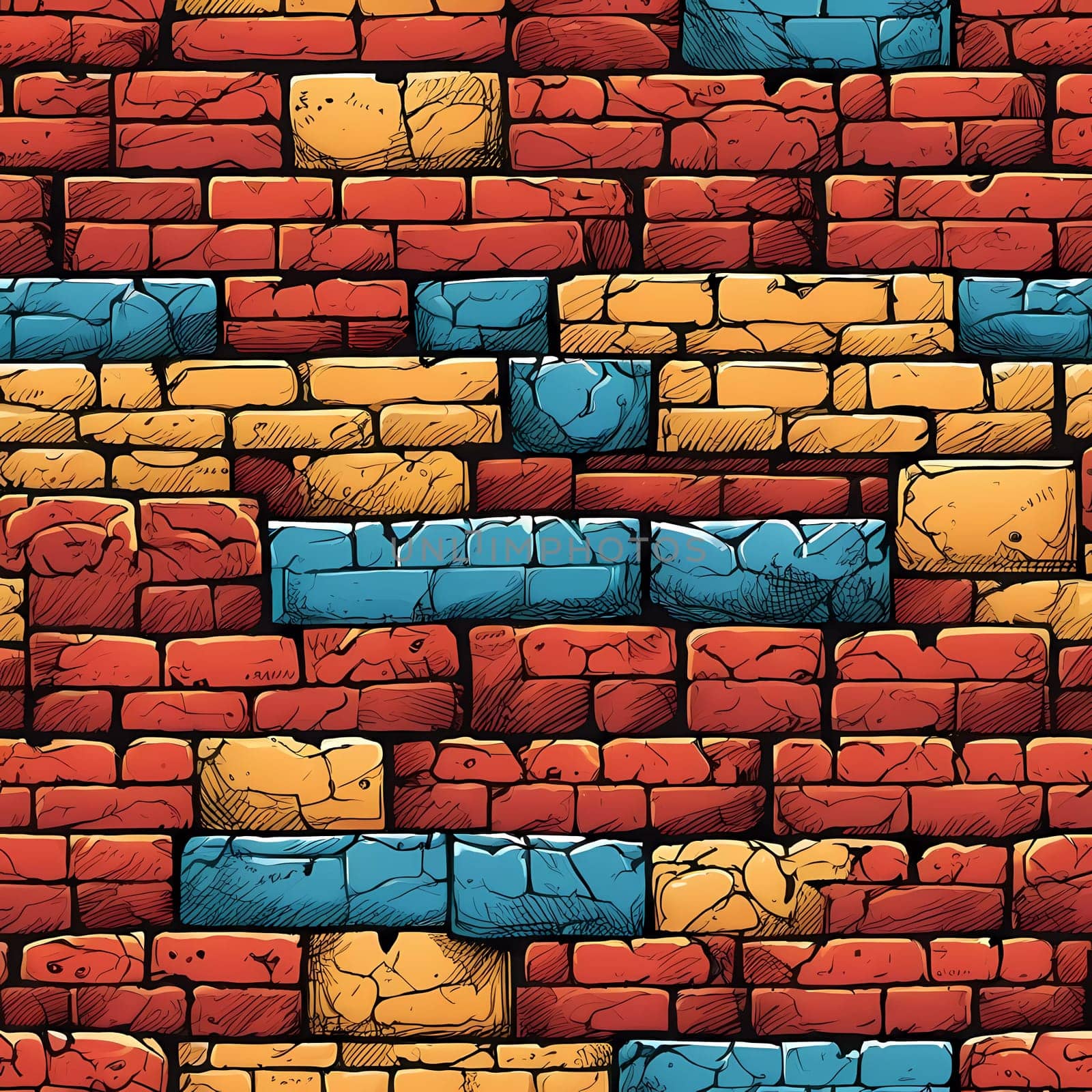 This vibrant brick wall showcases an array of colors including red, yellow, turquoise, and purple. The design reflects an artistic approach often found in urban environments. Generative AI.
