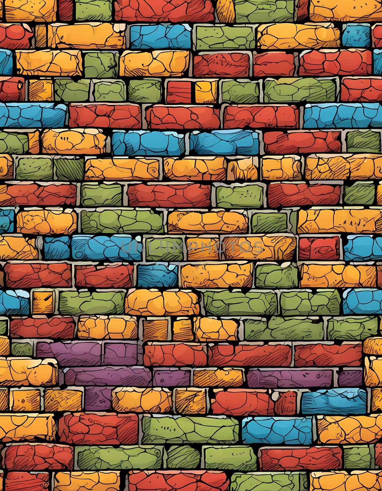 This vibrant brick wall showcases an array of colors including red, yellow, turquoise, and purple. The design reflects an artistic approach often found in urban environments. Generative AI.