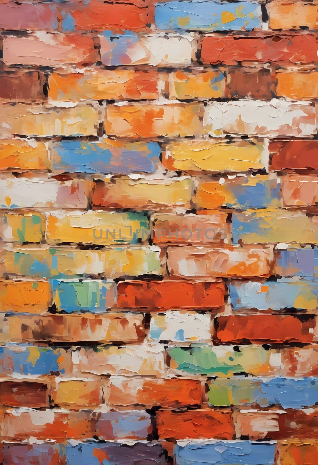 A textured brick wall displays an array of colors, featuring warm reds, oranges, and cool blues, adding vibrancy and depth to a contemporary space. Generative AI.
