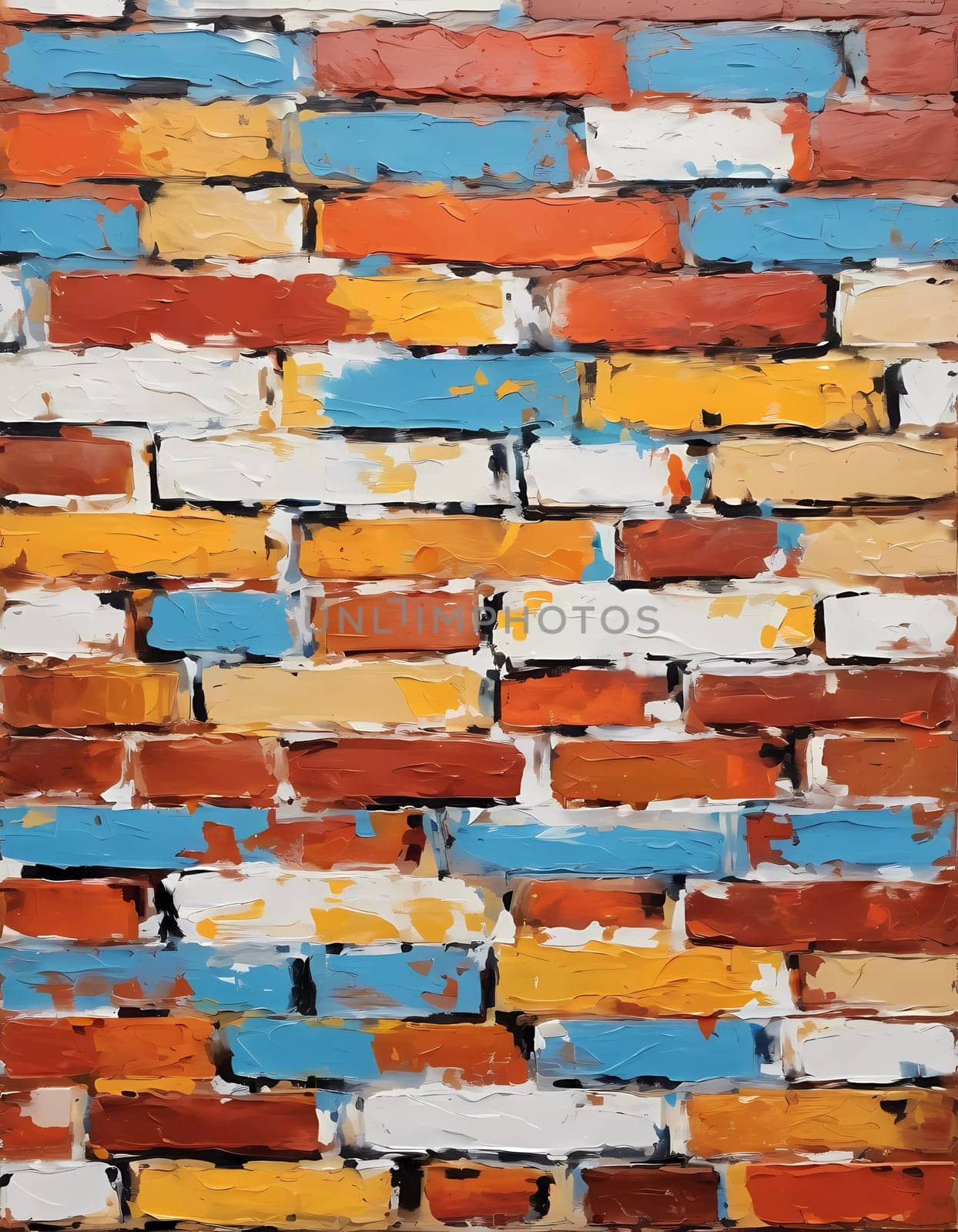 A textured brick wall displays an array of colors, featuring warm reds, oranges, and cool blues, adding vibrancy and depth to a contemporary space. Generative AI.