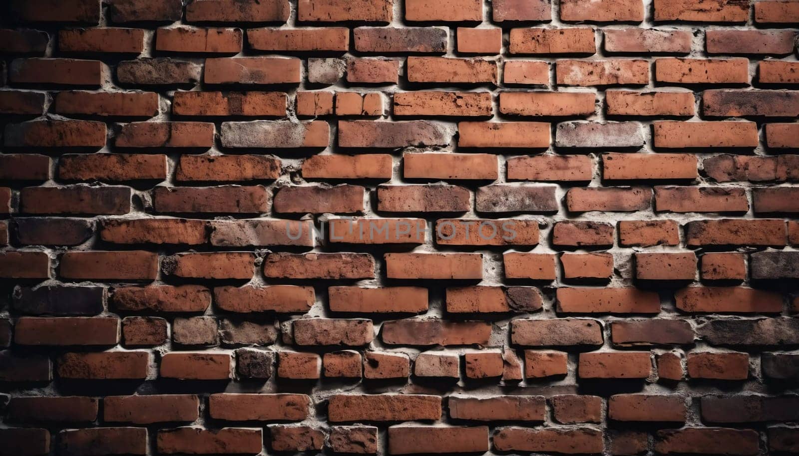 A rugged brick wall displays various shades of red and brown, highlighting its textured surface. The weathered bricks create a warm and inviting atmosphere in any room. Generative AI.
