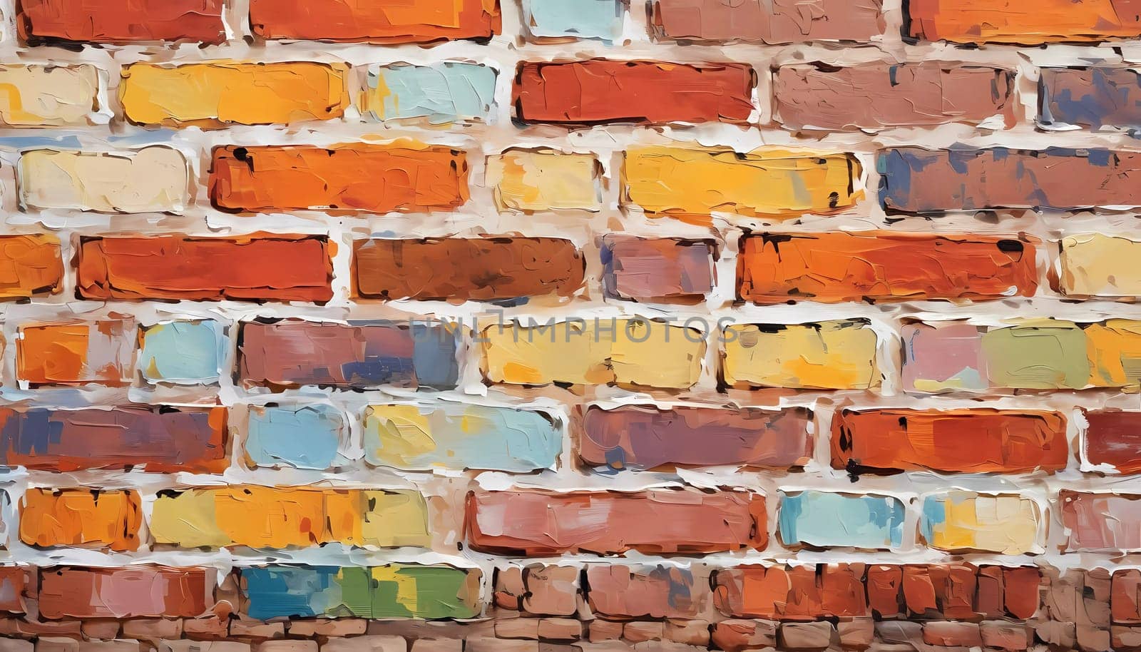 A textured brick wall displays an array of colors, featuring warm reds, oranges, and cool blues, adding vibrancy and depth to a contemporary space. Generative AI.