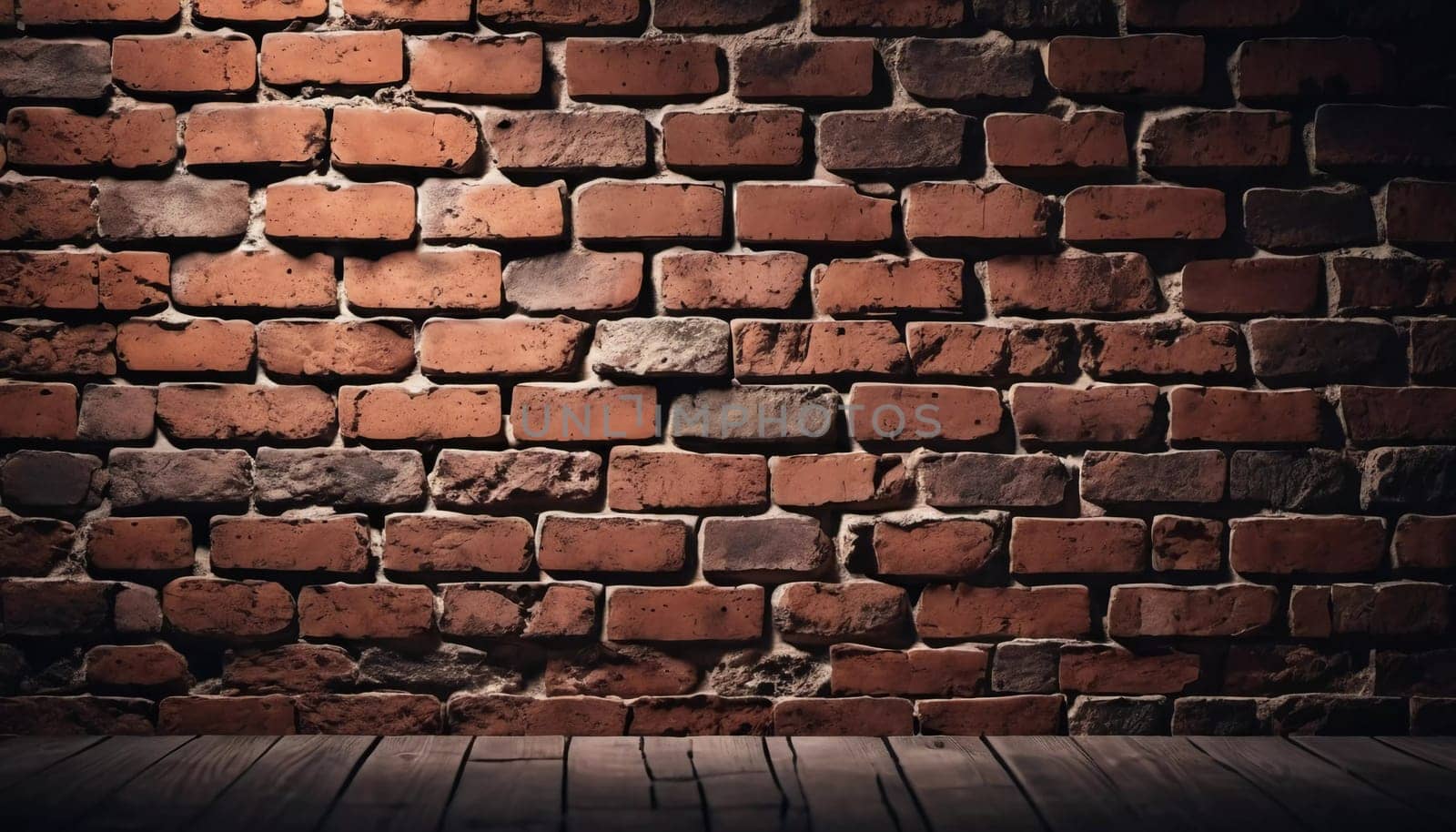 A rugged brick wall displays various shades of red and brown, highlighting its textured surface. The weathered bricks create a warm and inviting atmosphere in any room. Generative AI.