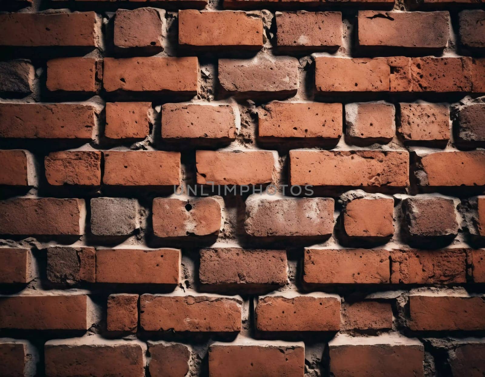 A rugged brick wall displays various shades of red and brown, highlighting its textured surface. The weathered bricks create a warm and inviting atmosphere in any room. Generative AI.