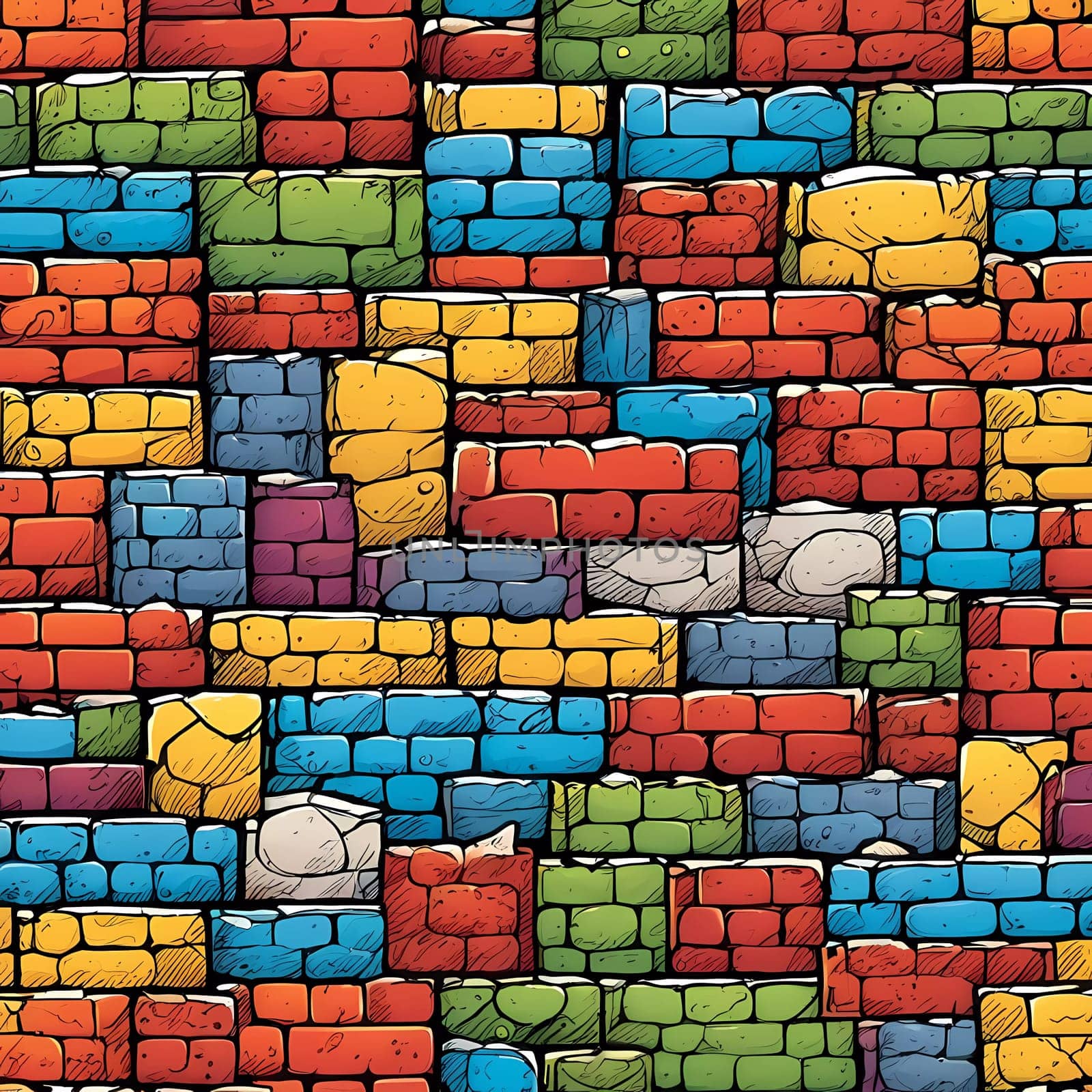 This vibrant brick wall showcases an array of colors including red, yellow, turquoise, and purple. The design reflects an artistic approach often found in urban environments. Generative AI.