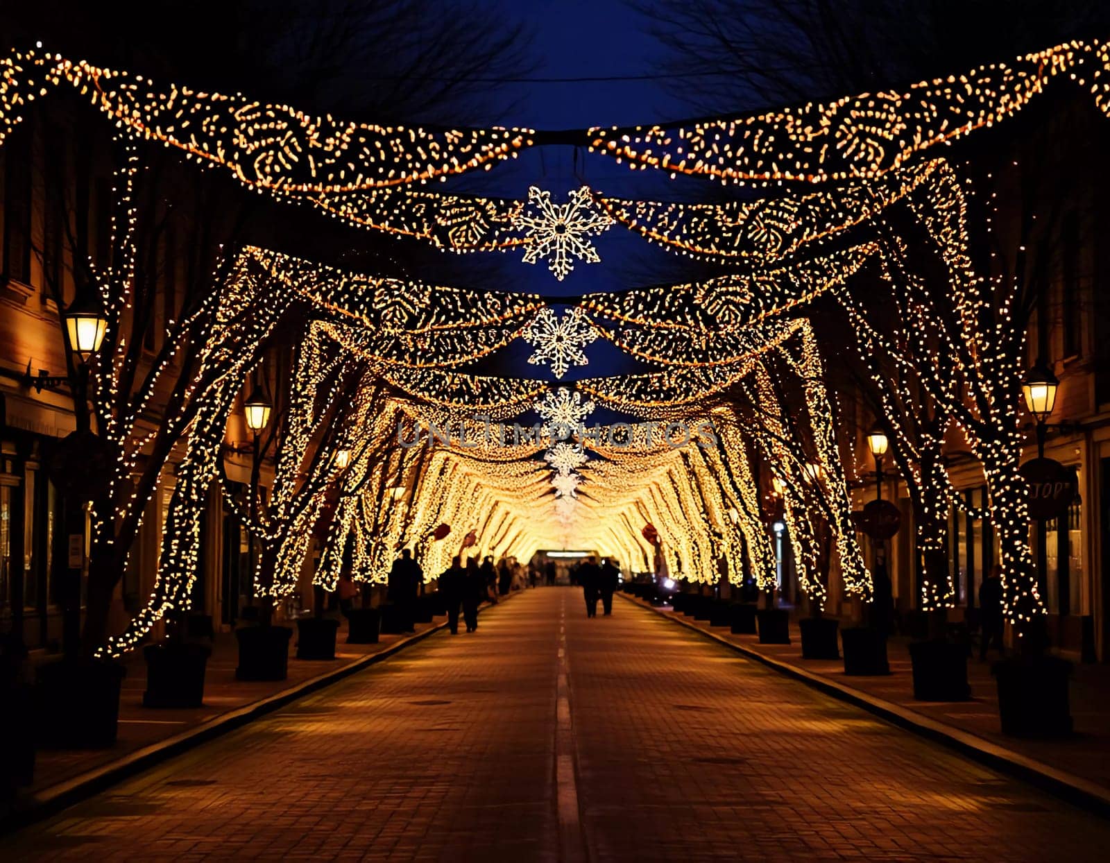 Twinkling holiday garlands glow above a lively street as people stroll and enjoy the festive atmosphere during the evening hours of a charming town. Generative AI.
